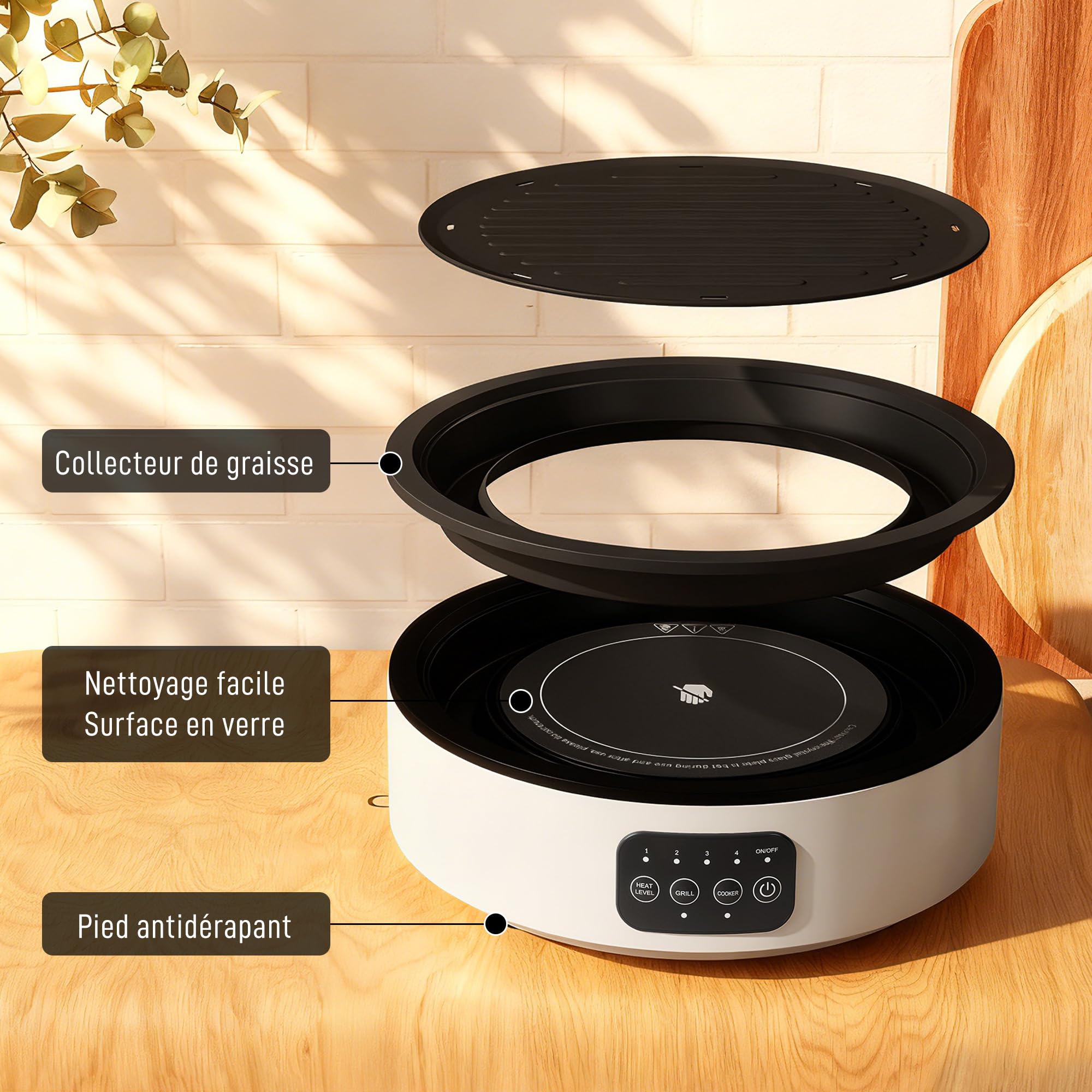 HOMCOM Plaque de cuisson et de gril 2 en 1 vitrocéramique, 2000 W, blanc | 4 niveaux de puissance, affichage LED, bac récupérateur graisse, chauffage infrarouge, tous types de casseroles