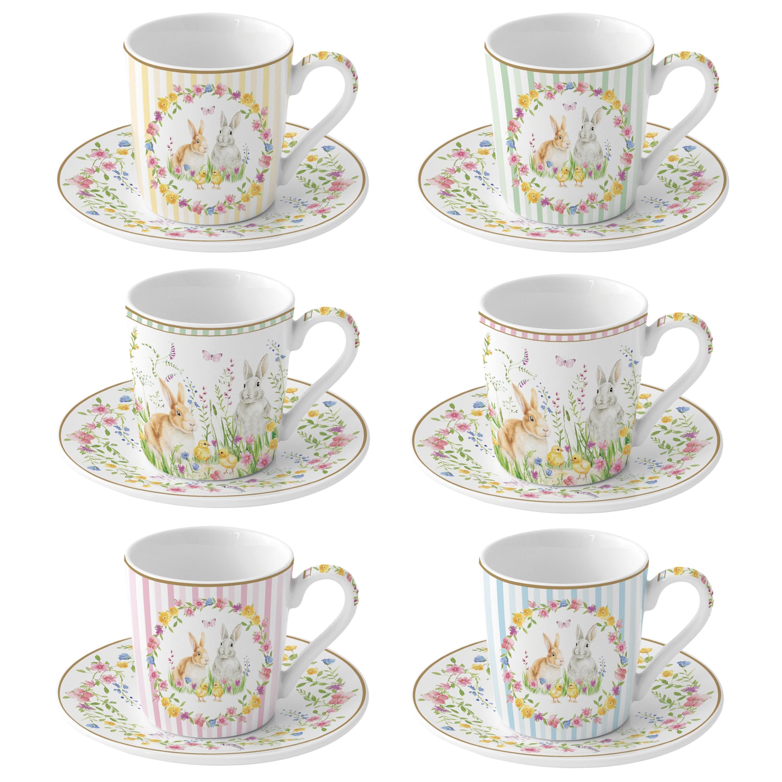 MamboCat Happy Easter - Set di 6 tazze da caffè con piattini, per 6 persone, in porcellana colorata per colazione e caffè, 6 tazze piccole e piattini, stoviglie pasquali