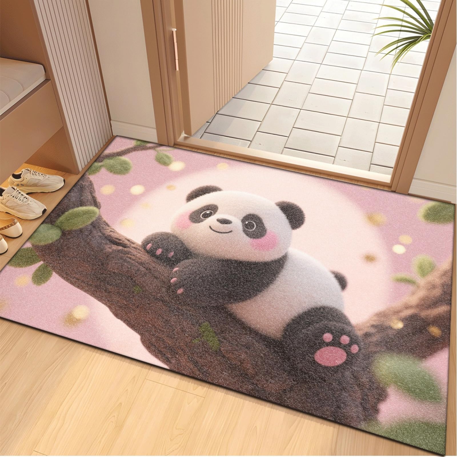 Tapis Entree Interieur Mignon Panda Rose Tapis D'entrée Facile à Nettoyer Antidérapant Lavable en Machine pour Chambre Cuisine Couloir Paillasson Interieur Exterieur 80x120 cm