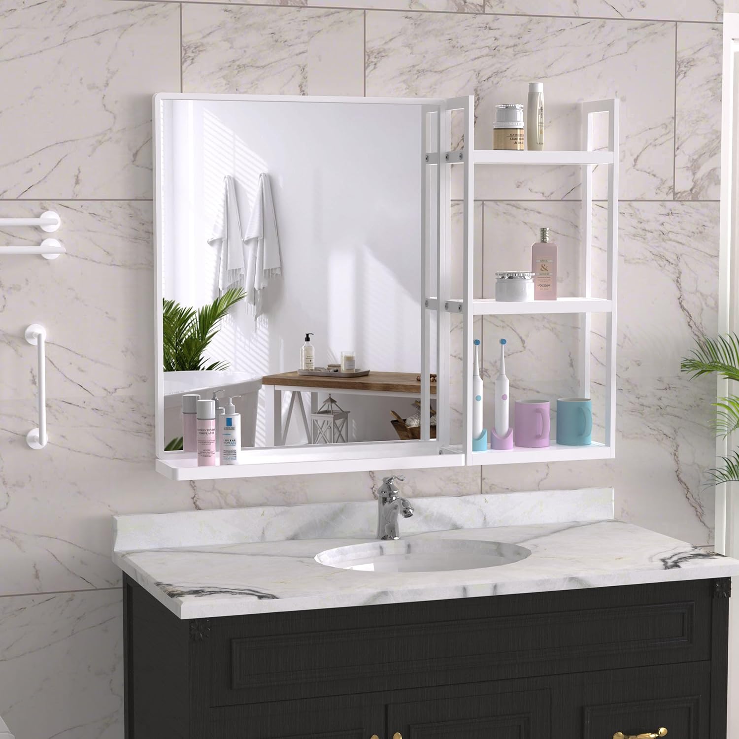 WONSTART White Metal Framed Bathroom Mirror with Shelf, 24.4 * 31in ...
