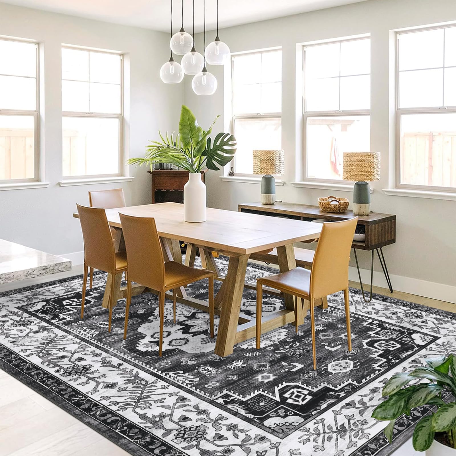 Enyhom Boho Großer Teppich, 160 x 230cm rutschfest Waschbar Bodenteppich Vintage Hochwertiger Weich Wohnzimmerteppich Robuste Kurzflor Flächenteppiche für Schlafzimmer Küche Esszimmer, Dunkelgrau