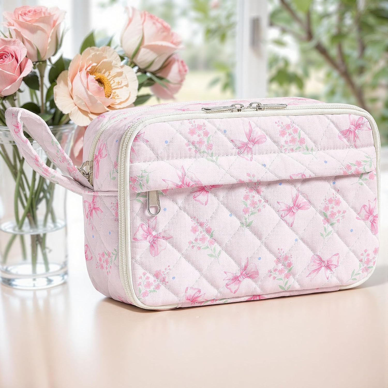 WOBAGMEN Quilted Pencil Pouch for Women, Large Capacity Pencil Case with Compartments, Cute Aesthetic Pencil Organizer, Floral Stationery Pouch（Pink mini Floral）