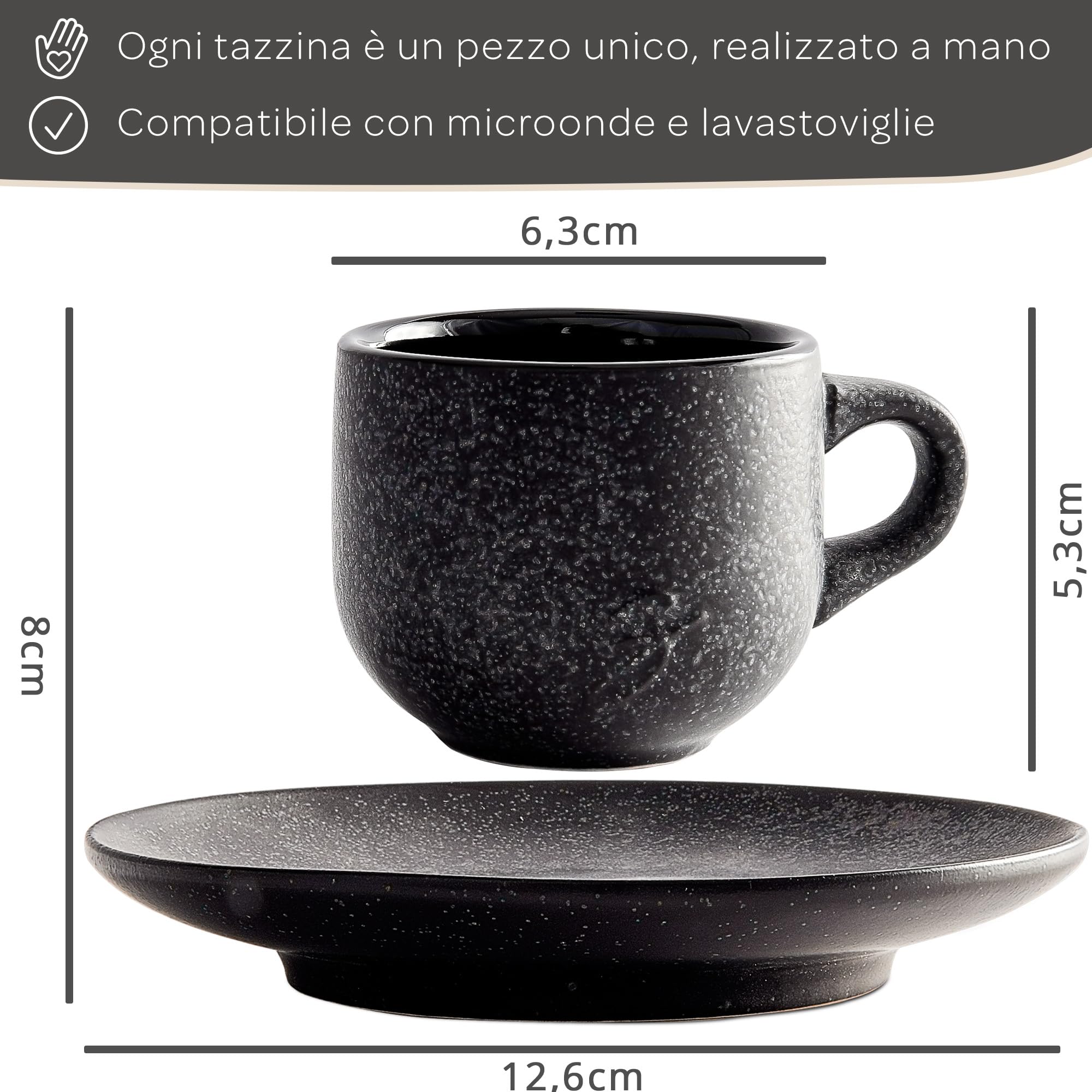 Steinzeit Set di Tazzine da Espresso Design (6x80ml) – Set di Tazzine da Caffè Espresso con piattini abbinati – Set Tazzine Caffe realizzate al 100% a mano – Tazzine Caffè iimpilabili in nero