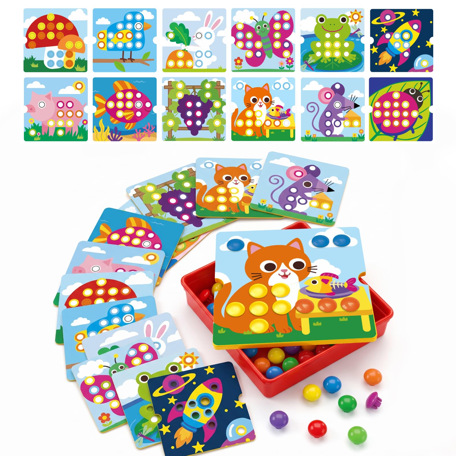 Thalynox Button Art, Montessori Pegboard Button Game for Toddlers 2+ Years