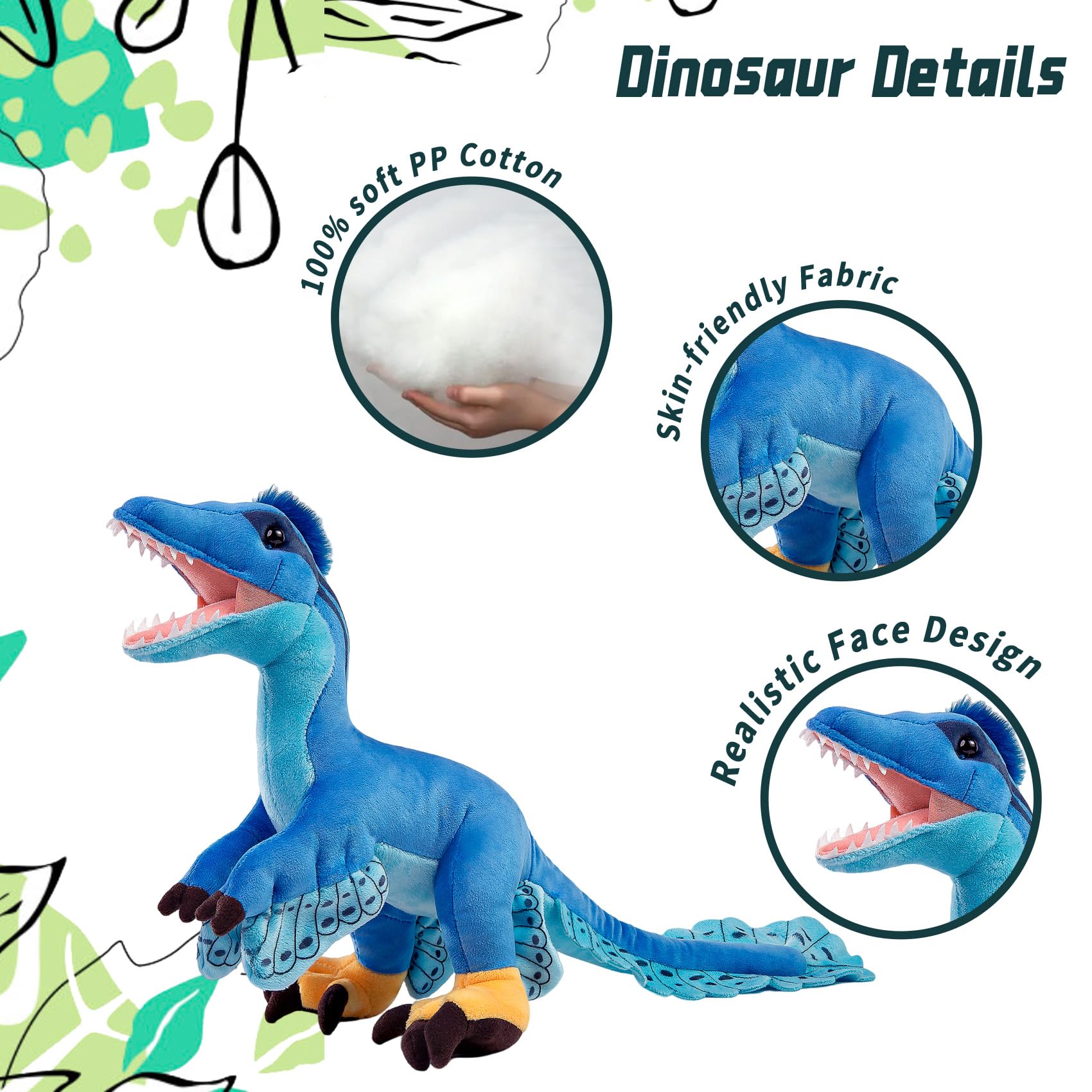Tiny Heart Microraptor Dinosaur Stuffed Animal Realistic Dinosaur Plush Toy Lovely Cute Soft Gifts Dinosaur for Kids Boys and Girls Bedtime Companion Plushie Collection Interactive Play blue 18” - Image 2