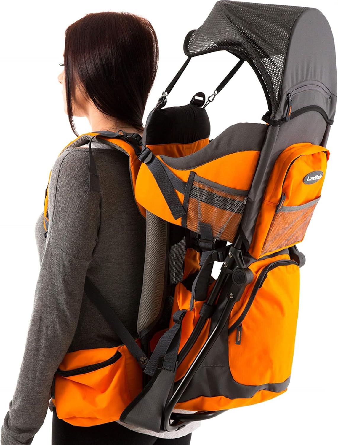 Luvdbaby Hiking Baby Carrier Backpack - Comfortable Baby Backpack Carrier - Toddler Hiking Backpack Carrier - Child Carrier Backpack System with Diaper Change Pad, Insulated Pocket, Rain and Sun Hood Orange/Grey