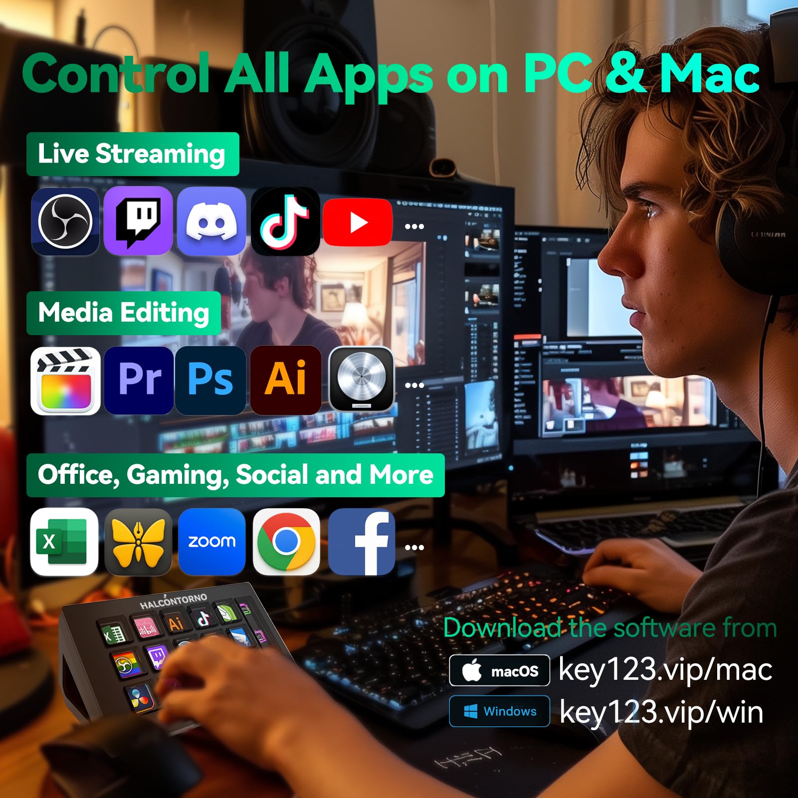 HALCONTORNO Stream Dock Slim - Steamdeck per PC Mac, Controller di streaming cablato per creatori di contenuti, tastiera macro programmabile, configurazione di gioco in streaming, OBS Studio YouTube