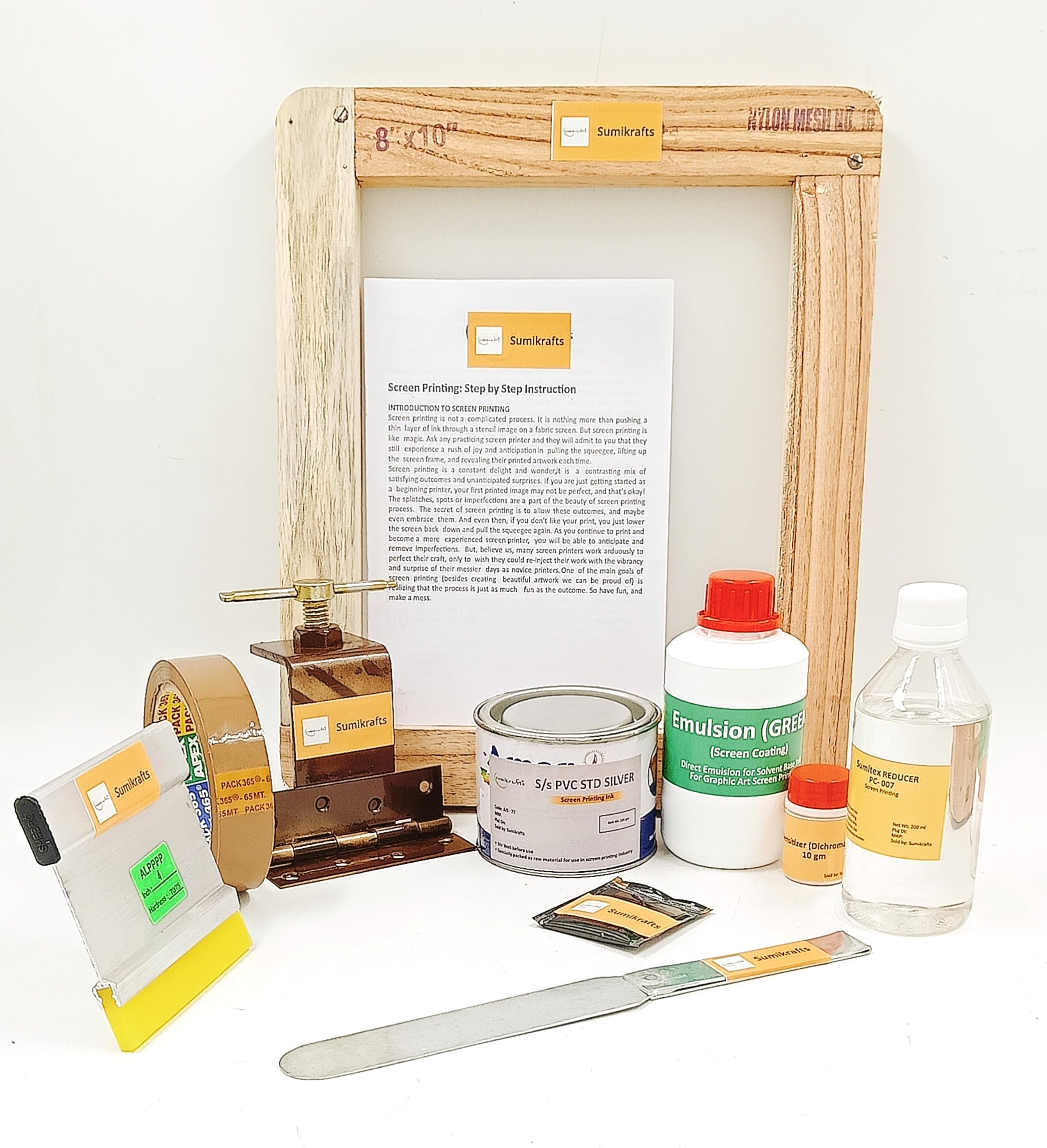 sumikrafts Screen Printing kit for Beginners: Wooden Frame Small 8”x10 pre Stretched mesh no 16+PVC Silver 250gm+Single Hinge Table clamp- for Graphic Arts Screen Printing-image-23