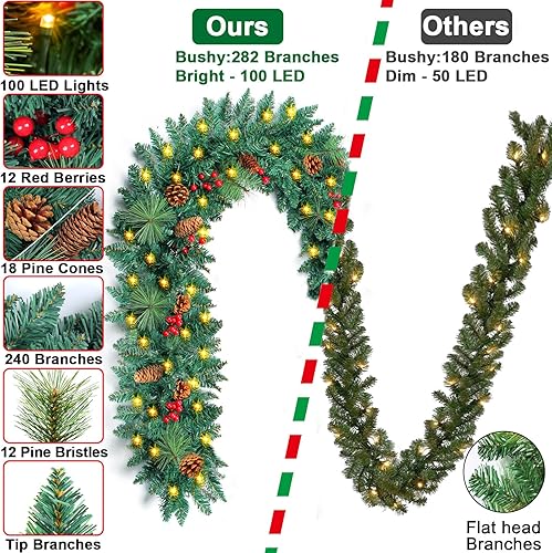Miniatura 4 de Decoración navideña preiluminada de 9 pies con 100 luces  Guirnalda iluminada al aire libre para manto, escaleras, barandilla, árbol, chimenea