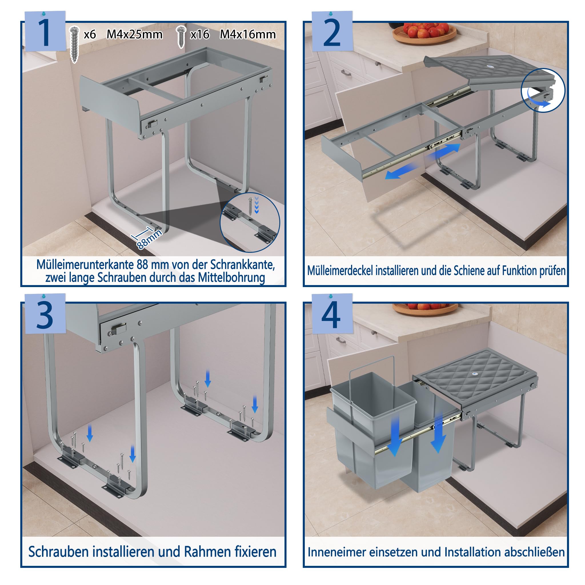Grau 2 x 15L Einbaumülleimer Mülltrennsystem Ausziehbar Mehrfachbehälter Abfallsammler Schrankmülleimer Geruchsdicht Komfortabler Zugang für Küche 48x34x35cm