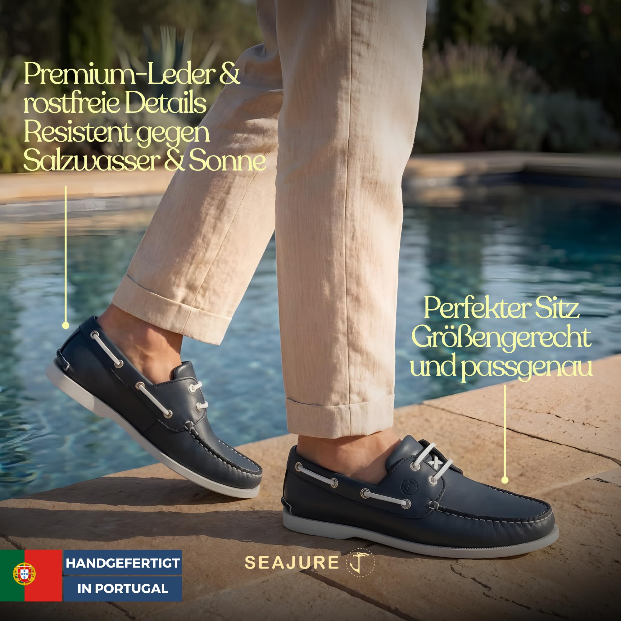 Seajure Watamu Bootsschuhe Herren Leder, Handgefertigte Segelschuhe und Mokassins, Non-Marking Gummisohle, Bequeme Maritime Sommer Slipper, Freizeitschuhe und Echtleder Deckschuhe Marineblau