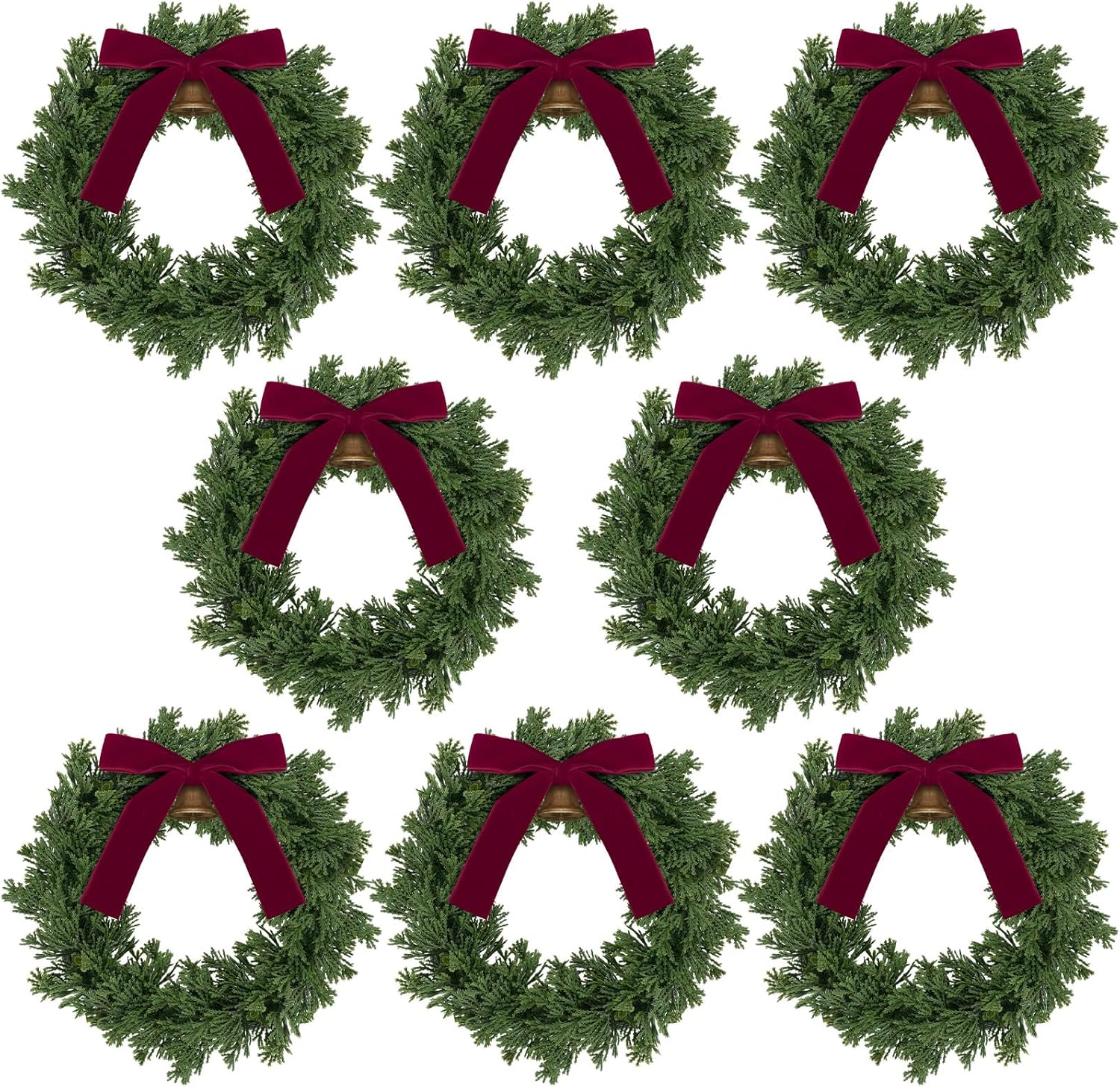 Dingion 8 Pcs Christmas Wreath Decorations 10 x 10 Inches Christmas Cabinets Wreaths with Red Ribbon Bow Bell Mini Artificial Hanging Garlands for Front Door Window Chair Wall