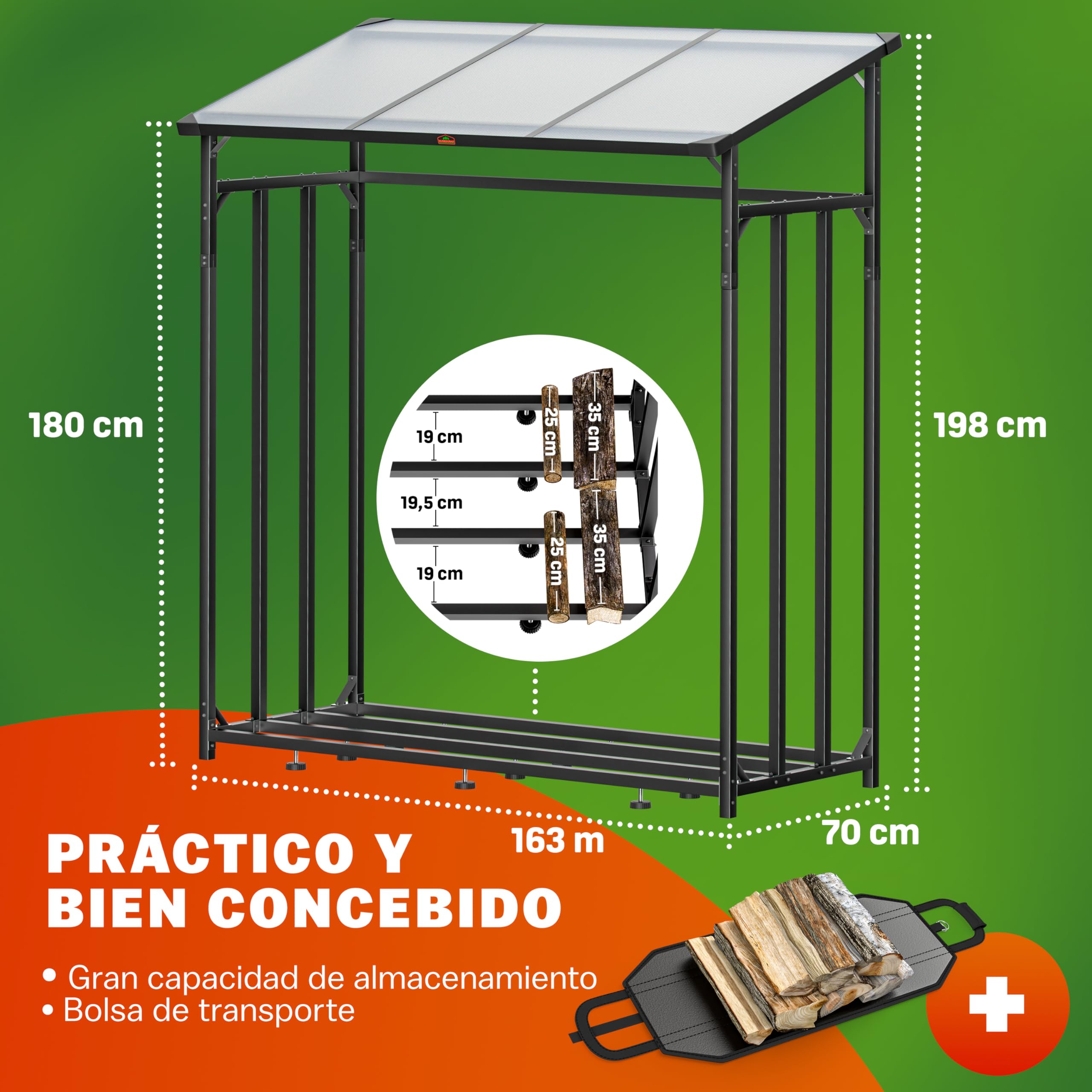 Gardebruk® Estante Almacenamiento Leña Exterior XXL Acero Techo Integrado incl. Bolsa Transporte Leñero Cubierto Impermeable Protección Viento Lluvia Negro