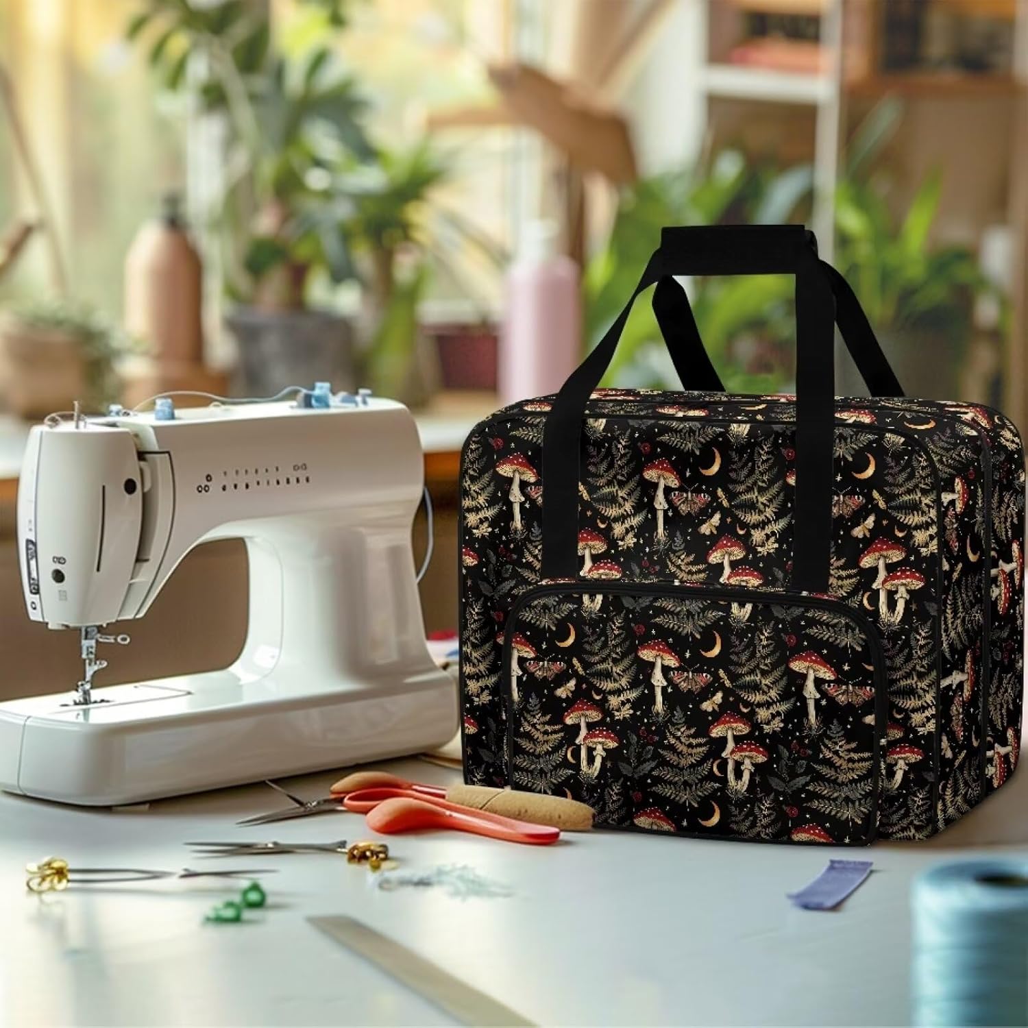 Mushroom Forest Sewing Machine Case with Pocket for Needles Scissors Thread Tape, Sewing Machine Tote for Carrying, Fits for Most Machines 19.7" x 9.8" x 13"