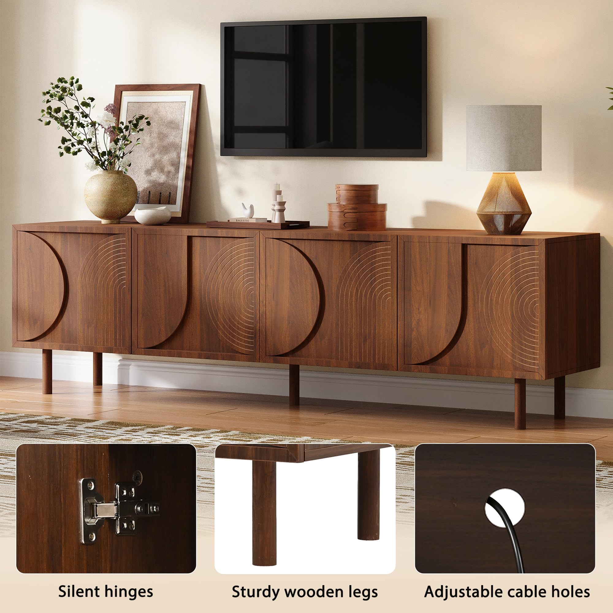 SUKY Mobile TV da 180 cm, mobile basso per TV da 75 pollici, 4 ante, 2 scomparti, moderno, con ampio spazio portaoggetti, design in rilievo 3D, colore legno di noce, 180 x 38 x 56,5 cm