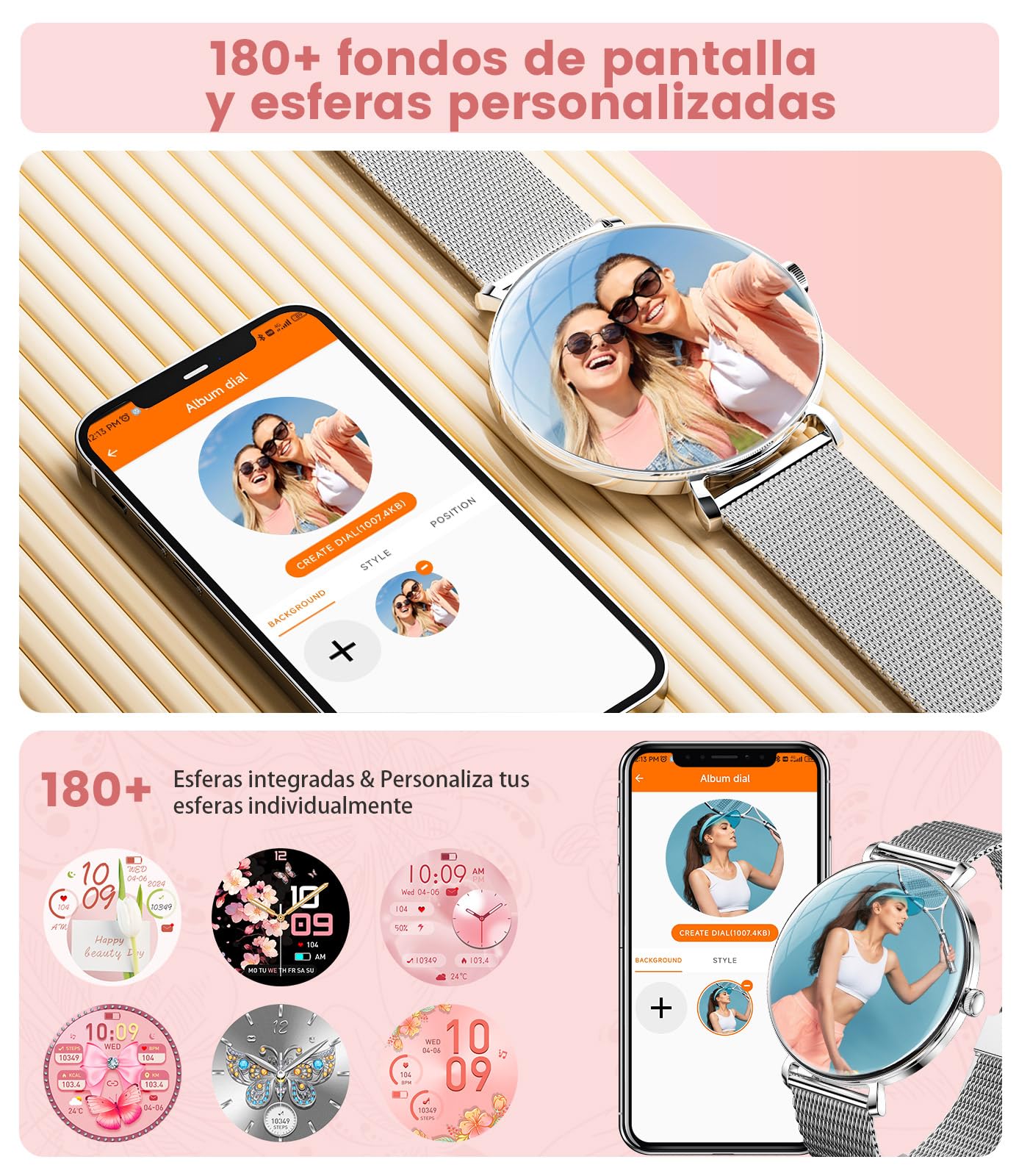 SUNKTA Reloj Inteligente Mujer Ligero con Pantalla Curva AMOLED Ultra Fina Bluetooth Llamadas IP68 Impermeable Podómetro/Frecuencia Cardíaca 100+ Modos Deportivos Elegante Smartwatch para Android iOS