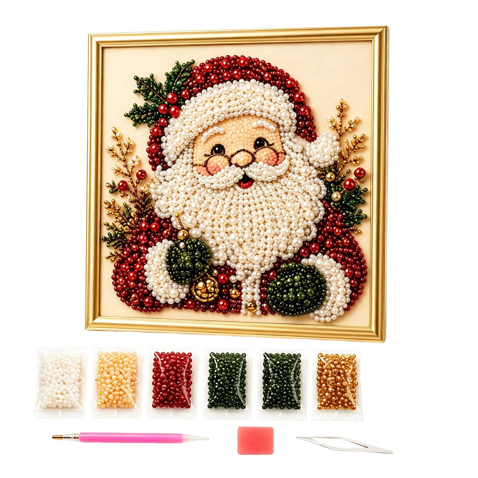 DIY Christmas Pearl Diamond Painting Art Kit with Frame, Home Decoration Art Craft Kit, Handmade Diamond Dot Beads Painting, Christmas Decoration
