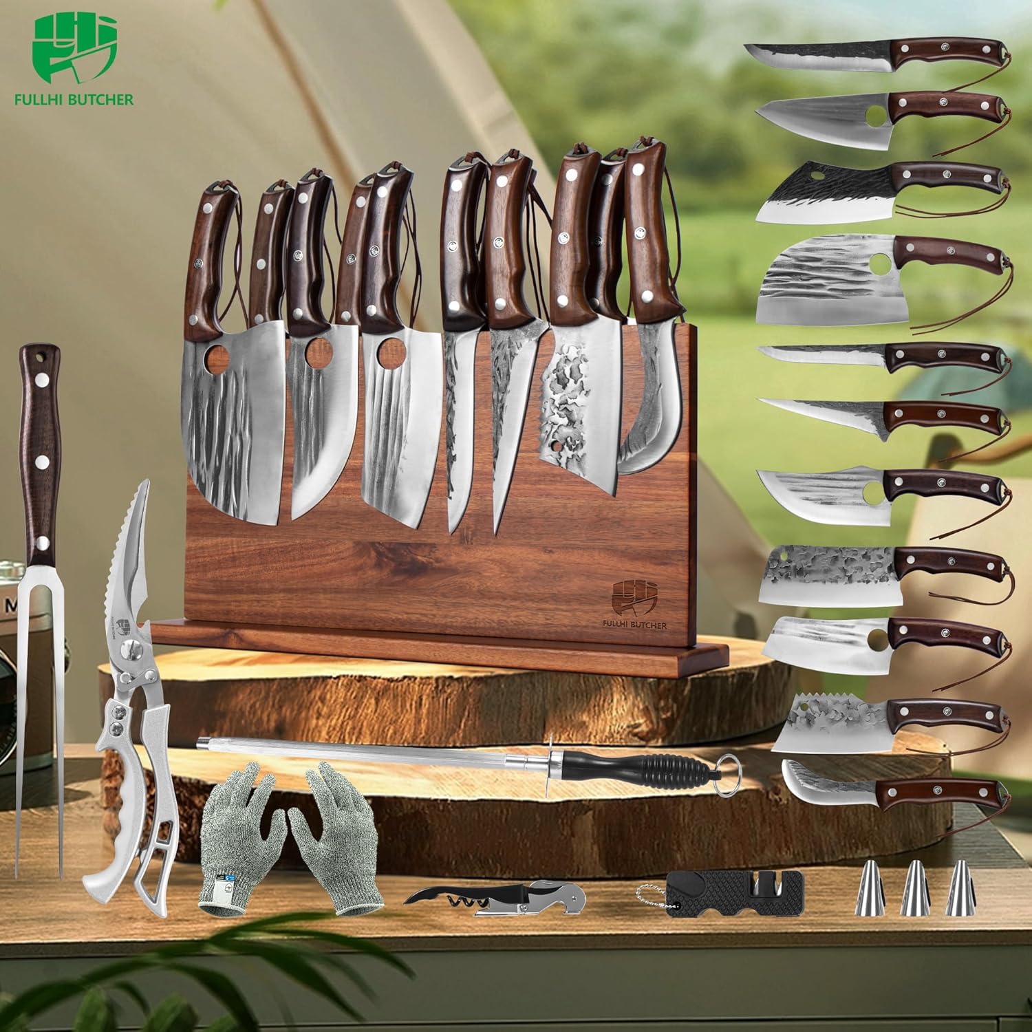 FULLHI 19pcs Butcher Chef Knife Block Set with Meat Fork Scissors Knife Holder, High Carbon Steel Full Tang Cleaver Kitchen Knife Set for Home, BBQ, Camping