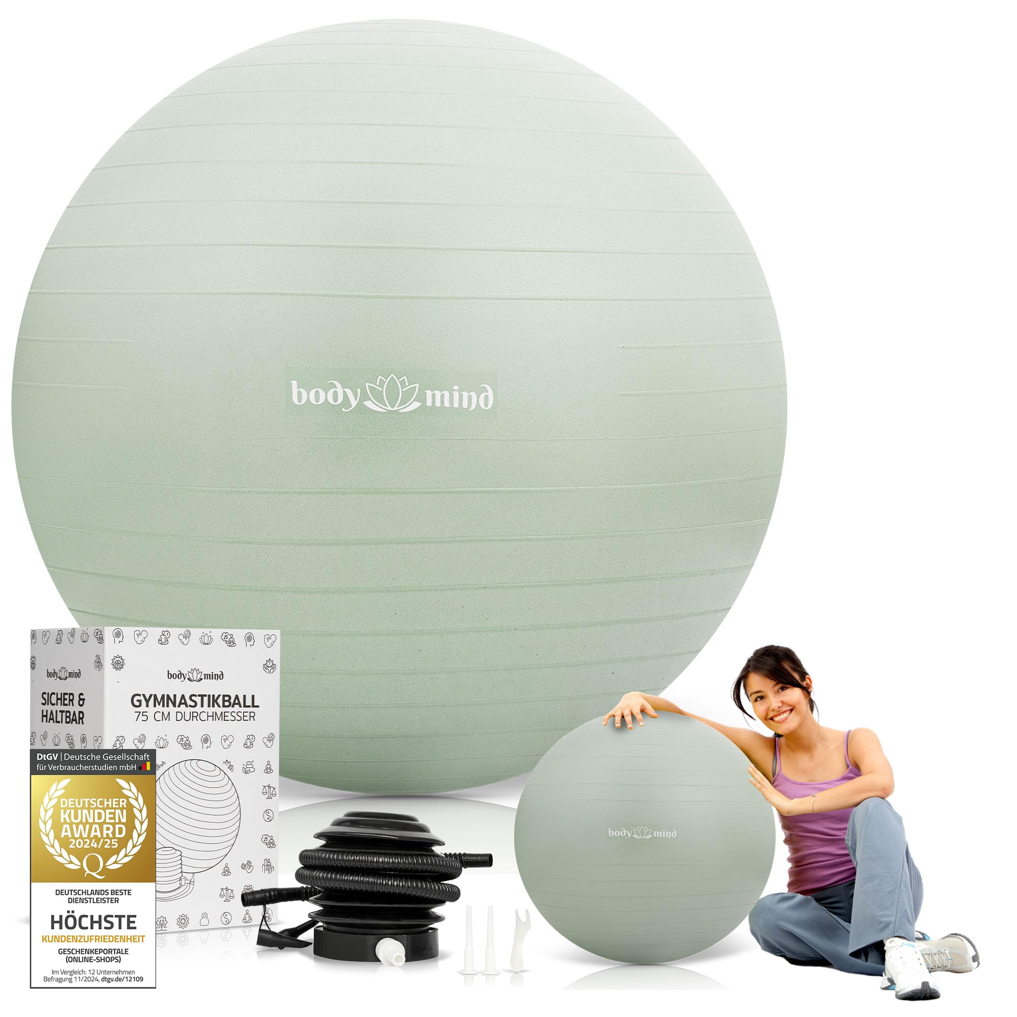 Body & Mind Gymnastikball inkl. Luftpumpe - Anti-Burst Pilates Ball, Pezziball für Schwangerschaft Ergonomischer Sitz als Büro-Stuhl, Sitzball für Yoga, Gymnastik & Workout (Grün, 75 cm)
