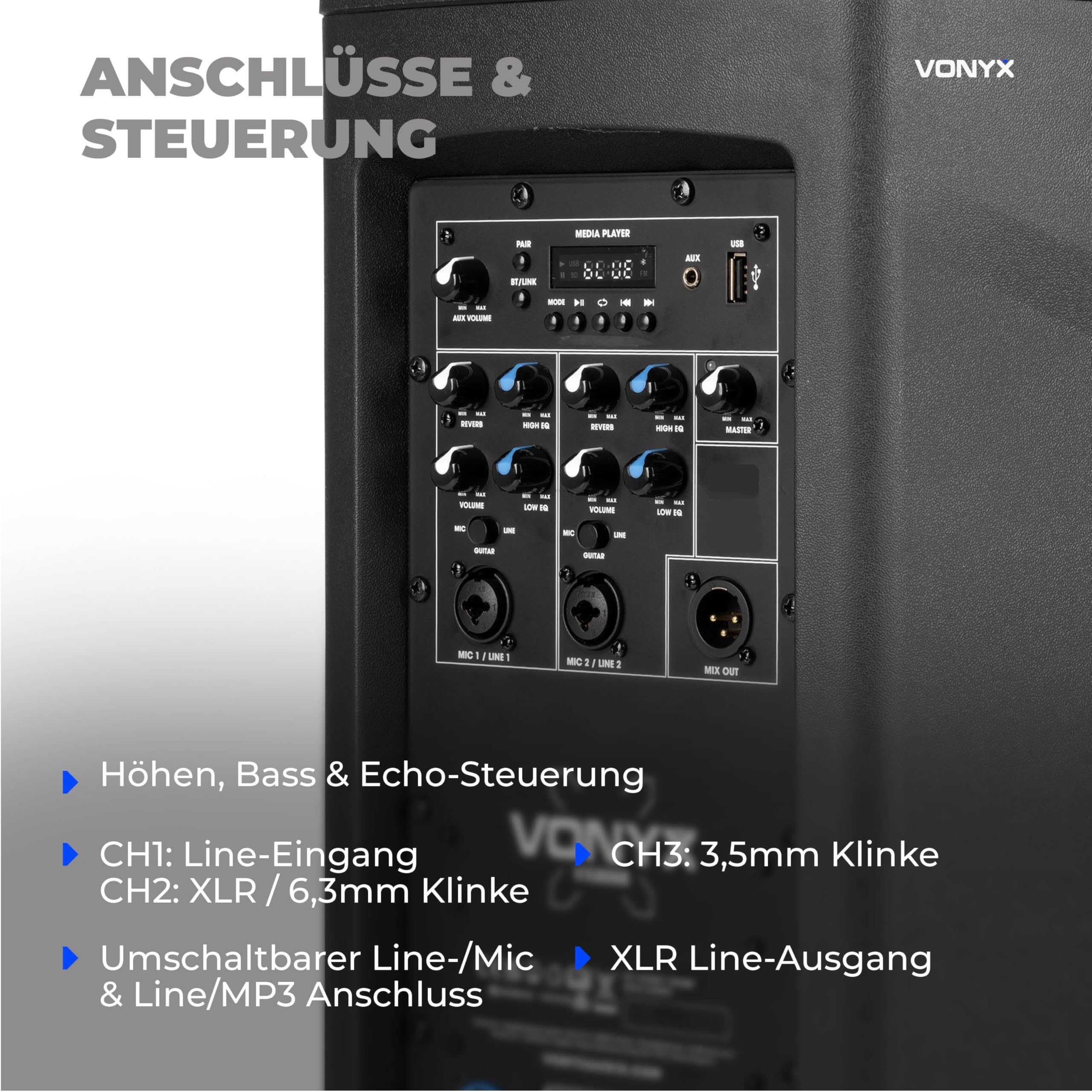 Vonyx VX808 Column Lautsprecher System, PA Anlage Aktiv, 320 Watt Line Array Säulenlautsprecher, 8 Zoll Subwoofer Aktiv, Stereo Pairing, Bluetooth 5.0, 4 Kanal, DJ Anlage Komplett Set, PA Speaker