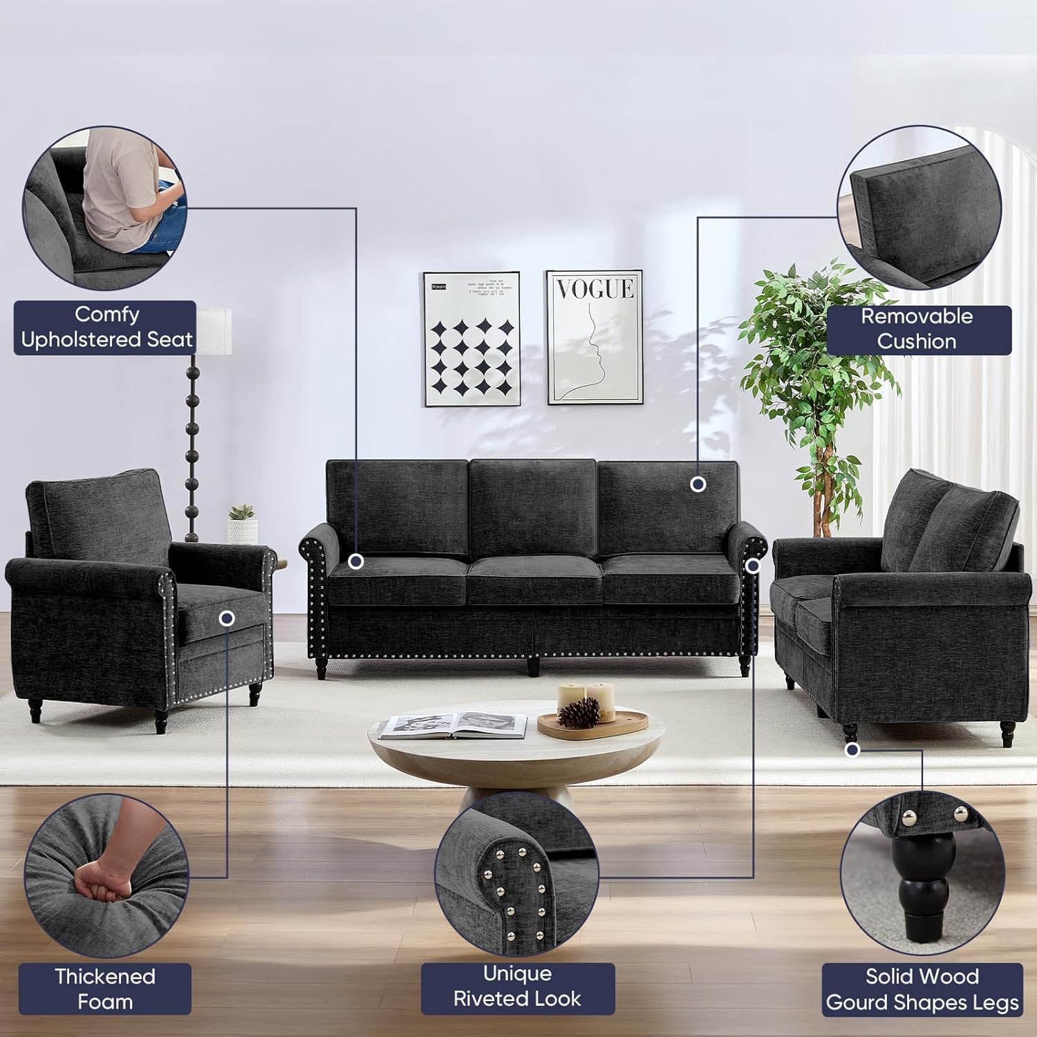 ijuicy 3 PCS Sectional Sofa Set, Modern Chenille Upholstered Couch Set with 6" Thicken Cushion & Nailhead Trim, Living Room Furniture Sets (Armchair Loveseat and 3 Seat Sofa, Black)