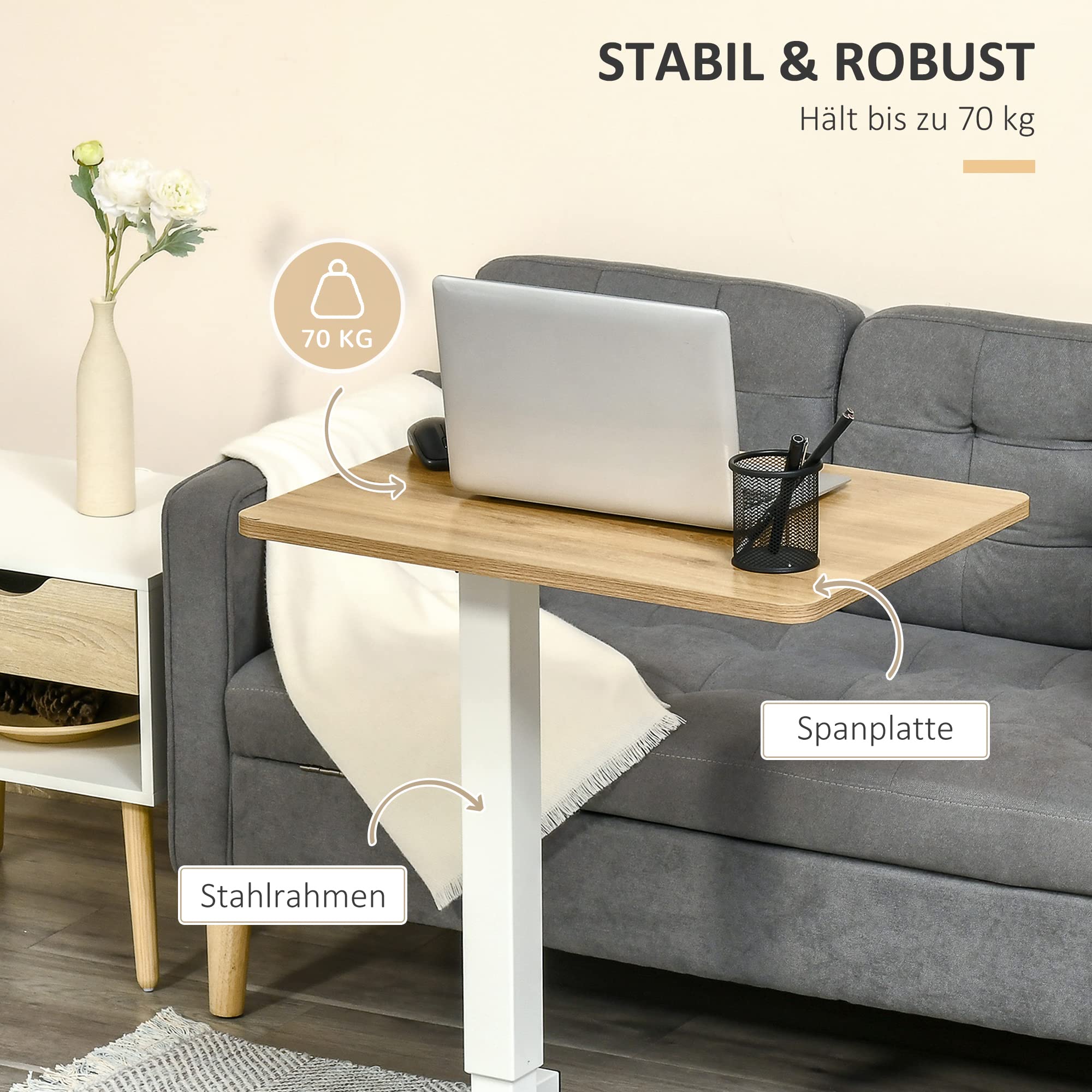 HOMCOM Stehpult, Höhenverstellbar C-förmig Schreibtisch mit 4 Rollen, 65x48x73-110cm Steh-Sitz Schreibtisch für Büro, Arbeitszimmer, Wohnzimmer, bis 70 kg belastbar, Natur+Weiß