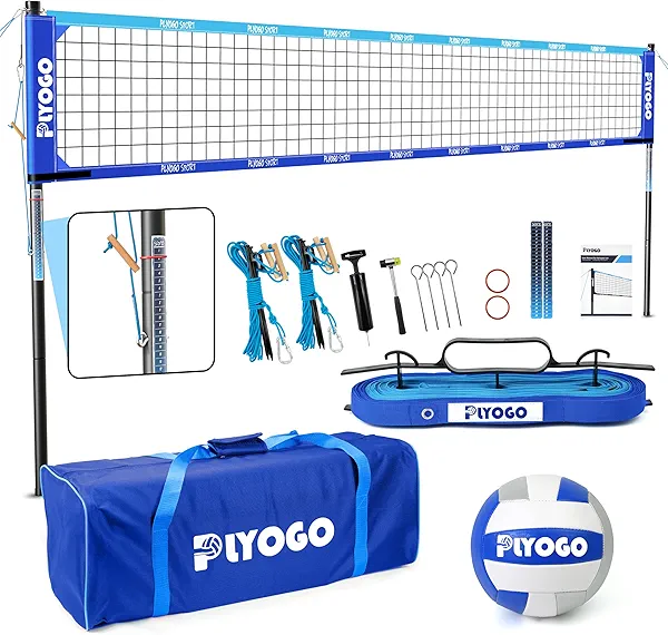 PLYOGO Volleyball Net for Backyard, Professional Portable Outdoor Heavy Duty Volleyball Net Set with Adjustable Aluminum Poles, Anti-Sag Design, Double Tension Adjuster for Beach, Grass |1680D Bag