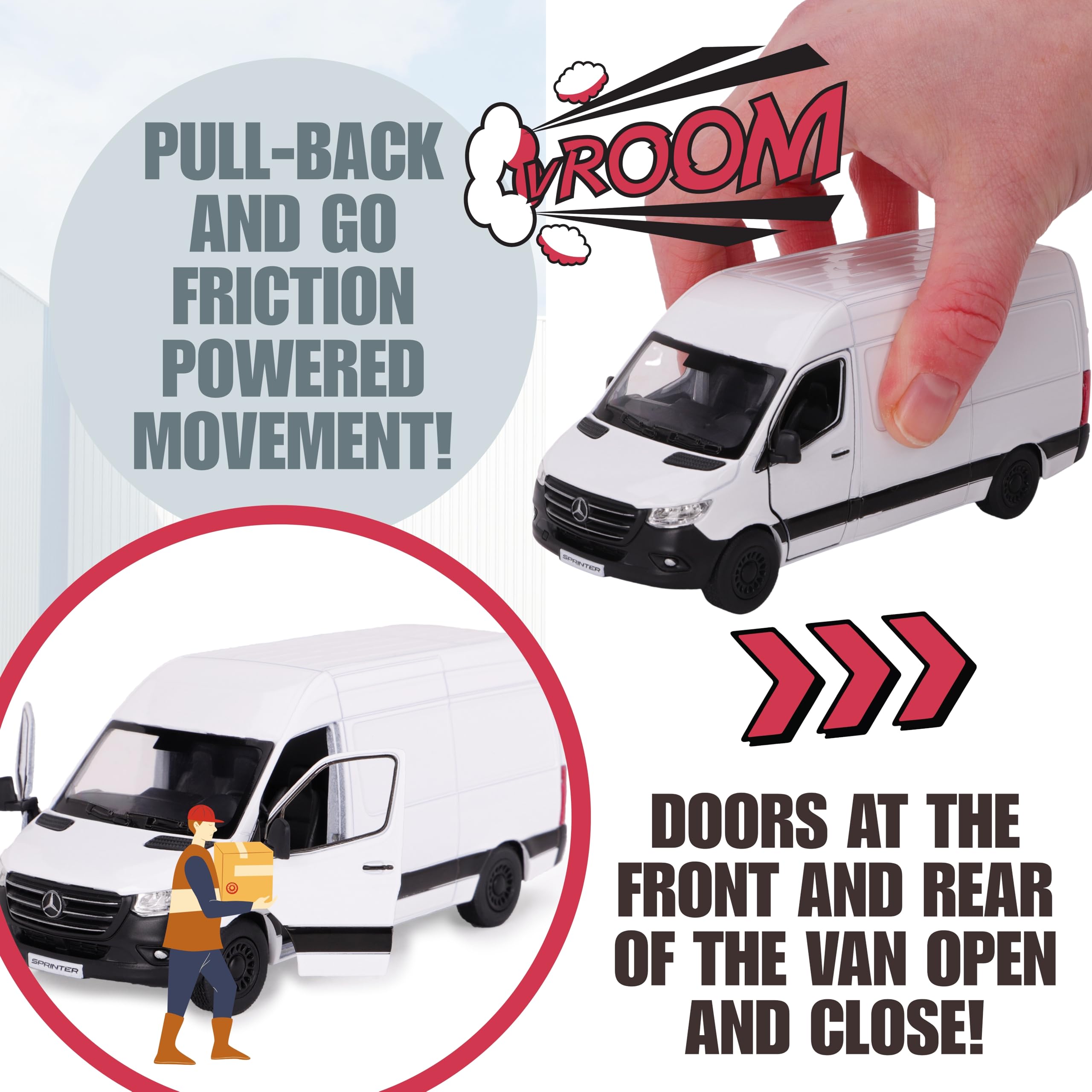 Toyland® 12 cm Pull Back & Go Die Cast Bianco Sprinter Van con porte apri e chiudi - Veicoli giocattolo - Scala 1:48