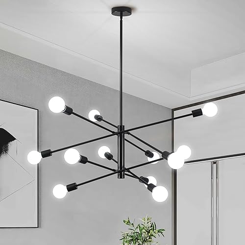 Candelabros Sputnik negros modernos, lámpara de mediados de siglo de 12 luces, lámpara colgante de longitud ajustable para comedor, dormitorio, sala