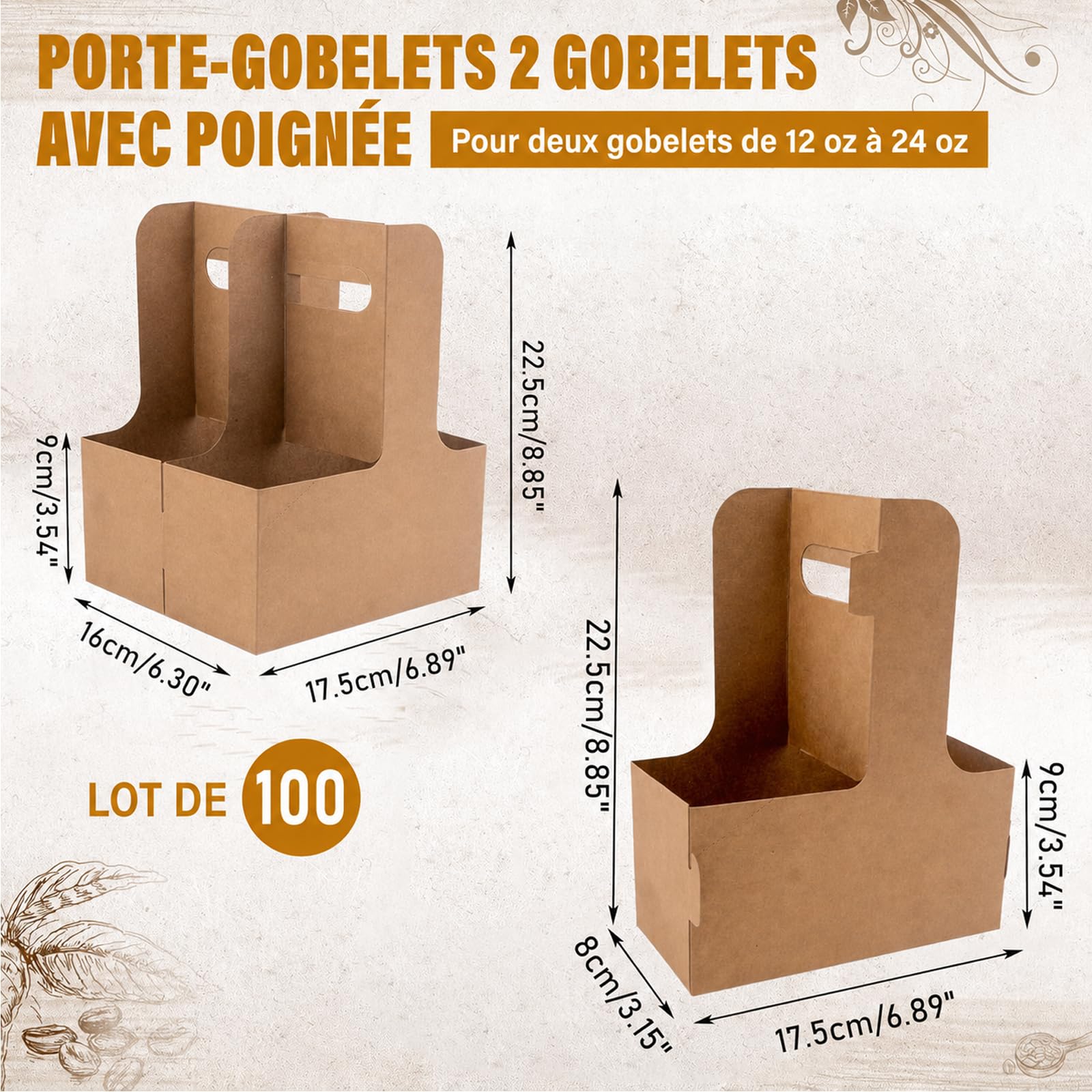 Lot de 100 Porte-Gobelets en Carton Kraft avec Poignée, 2 à 4 Boissons | Pour Gobelets 350 à 900 ml, Stables et Résistants pour Café à Emporter, Livraison et Boissons Chaudes ou Froides