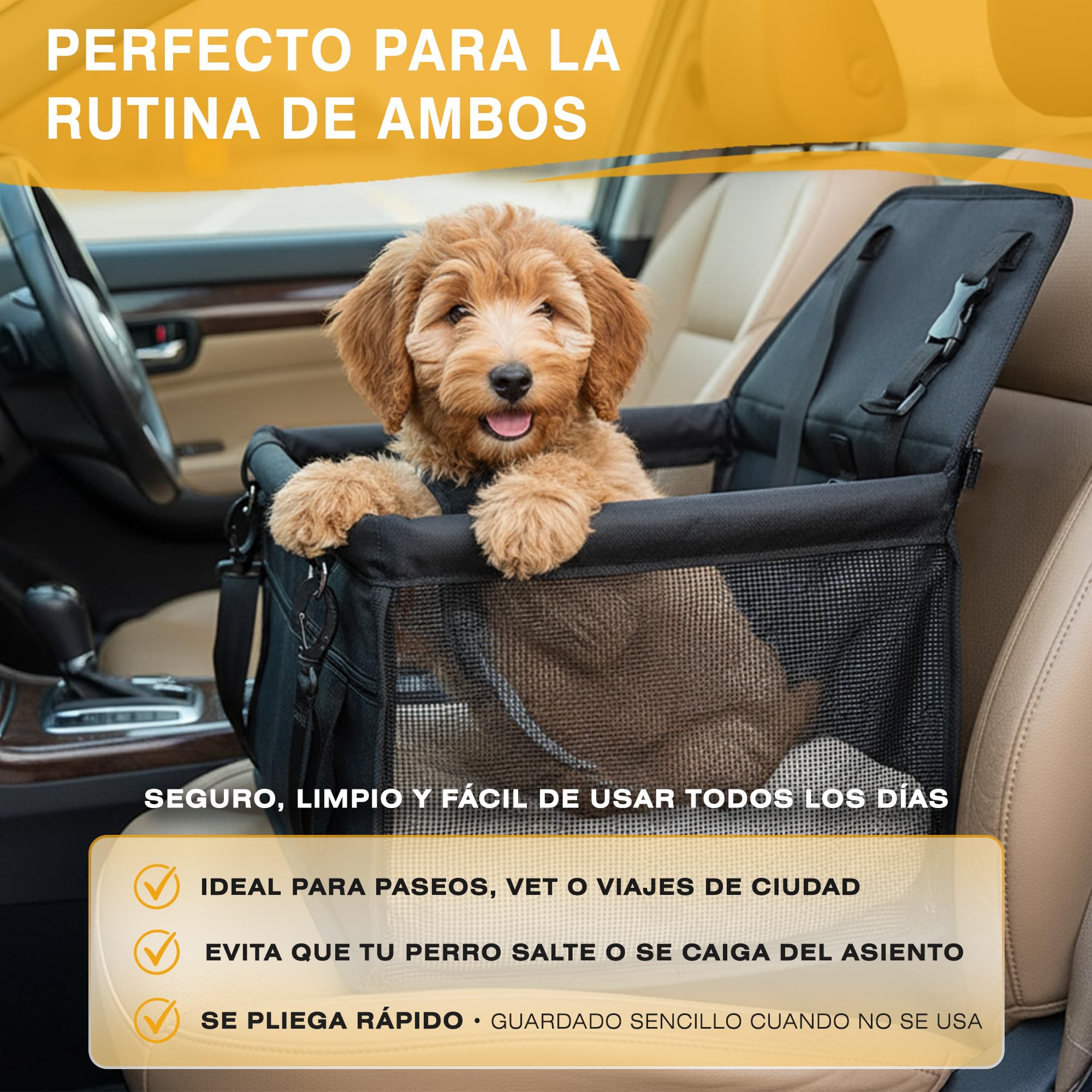 Transportin Perros y Gatos de Coche | Base Rígida y Tejido Impermeable con Correas Ajustables |Viajes Comodos y Tranquilos | Incluye Cinturón de Seguridad y Bol de Viaje Plegable | 40x40x32 cm.