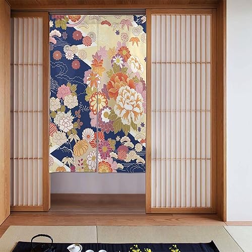 JCETUNO Noren - Cortina de puerta de estilo japonés con estampado de lino y algodón para decoración del hogar 43 pulgadas de ancho floral