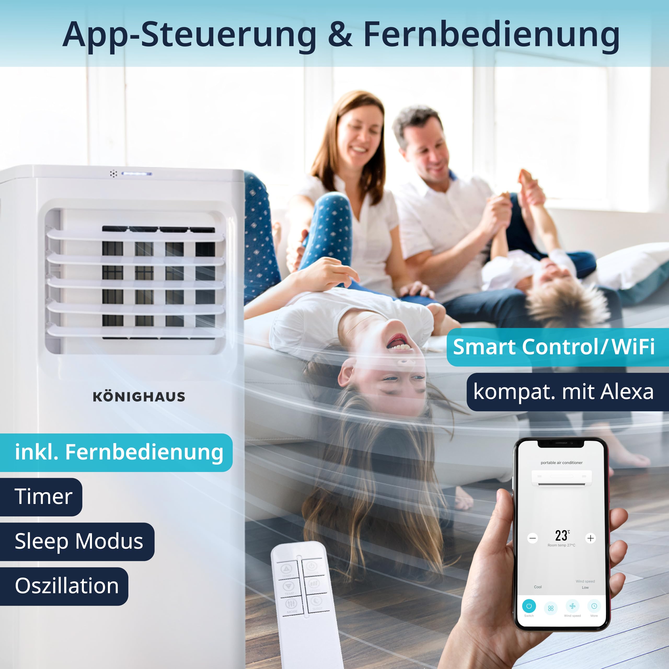 Könighaus Smarte Mobile Klimaanlage 9000 BTU für Räume bis 20m² - 4-in-1 | Kühlung, Entfeuchtung, Ventilator und Luftreinigung – energieeffizient (A) – inkl. Fernbedienung und App-Steuerung