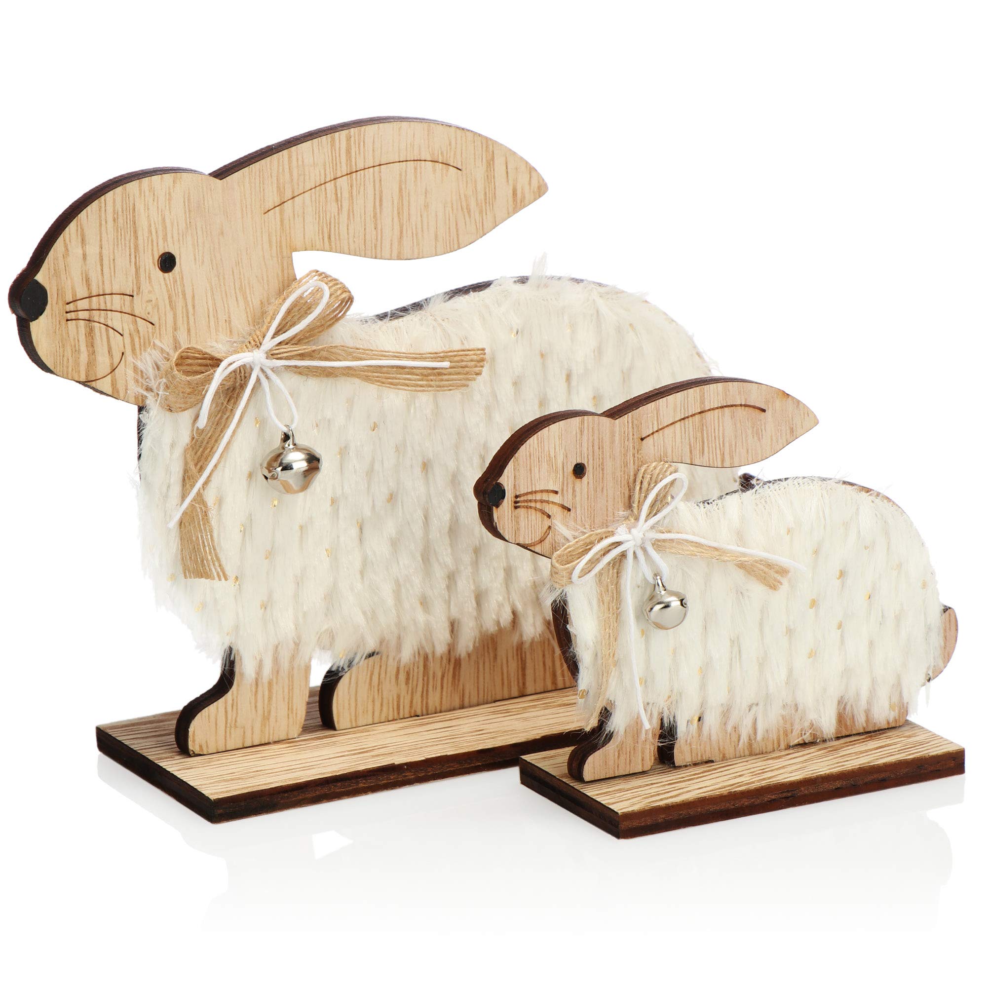 com-four® 2x Coniglietti pasquali accovacciati da appoggiare - figure decorative per Pasqua in legno - grande e piccolo (02 pezzi - bianco/marrone