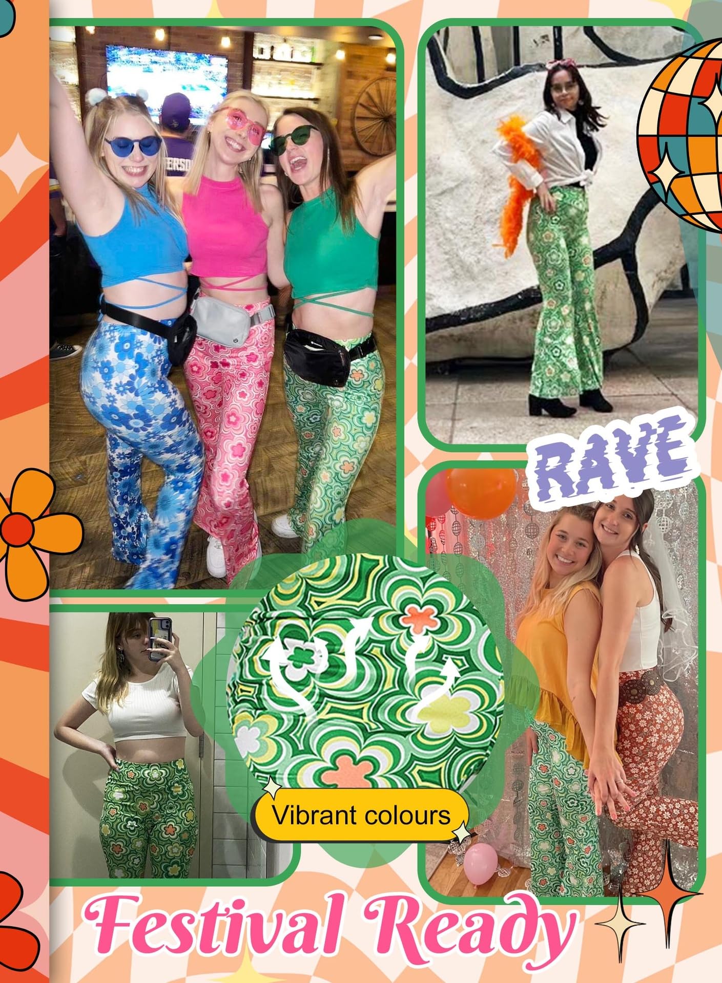 EVELUST 70er Jahre Schlaghose Für Damen – Boho 60er Hose Hippie Blumen High Waist Outfit Disco Kostüm Yogahose Leggings