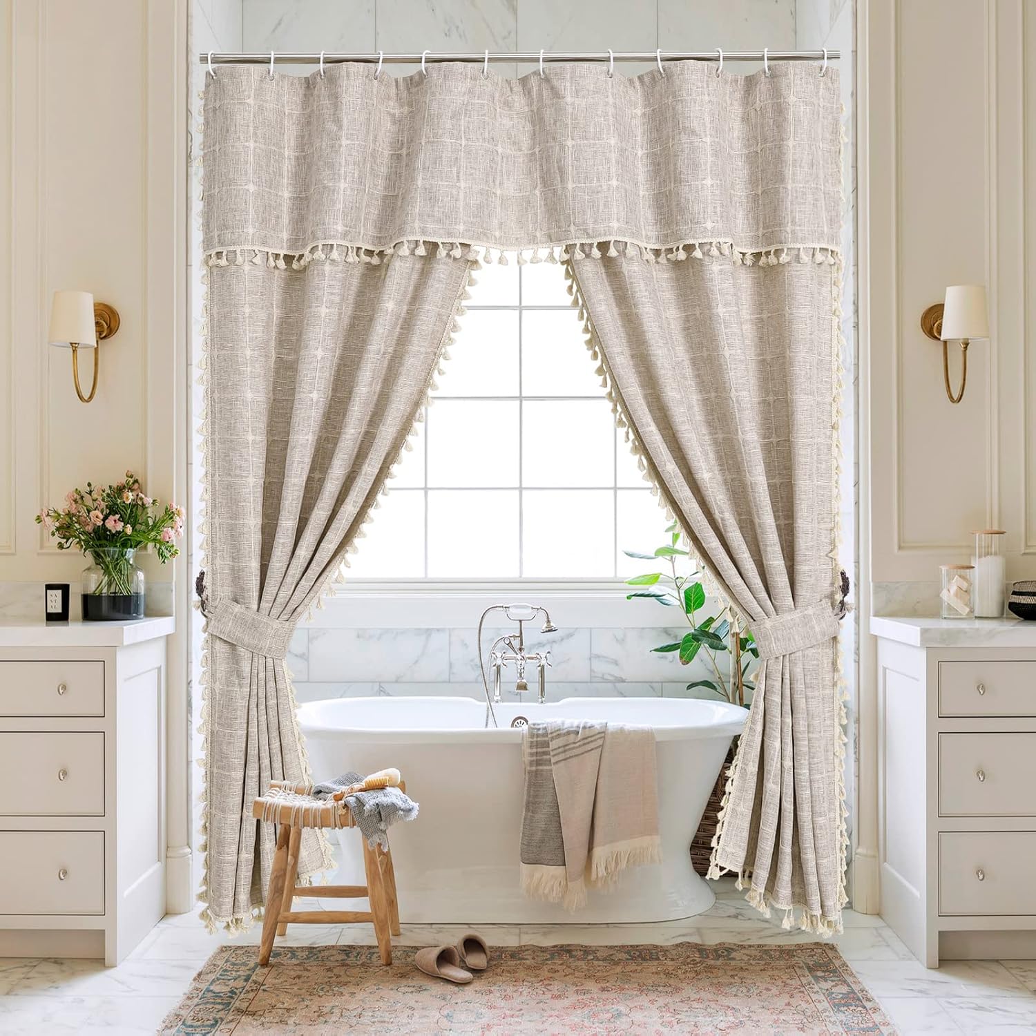 MitoVilla Boho Farmhouse Swag Shower Curtain, Cotton Linen Cloth Fabric Shower Curtain Set with Elegant Valance and 2 Tie Backs for Vintage Country Bathroom Decor, Tan Brown, 72 x 72 MitoVilla Boho Farmhouse Swag Shower Curtain, Cotton Linen Cloth Fabric Shower Curtain Set with Elegant Valance and 2 Tie Backs for Vintage Country Bathroom Decor, Tan Brown, 72 x 72