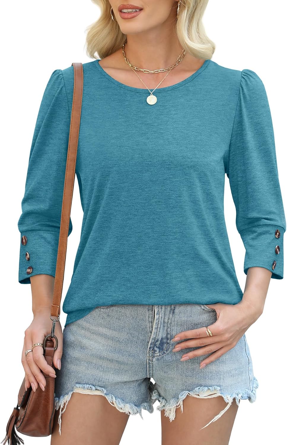 OFEEFAN Womens Tops 3/4 Sleeve with Buttons Dressy Casual Blouses Summer Outfits Beach Vacation Plus Size Spring Clothes - Image 3