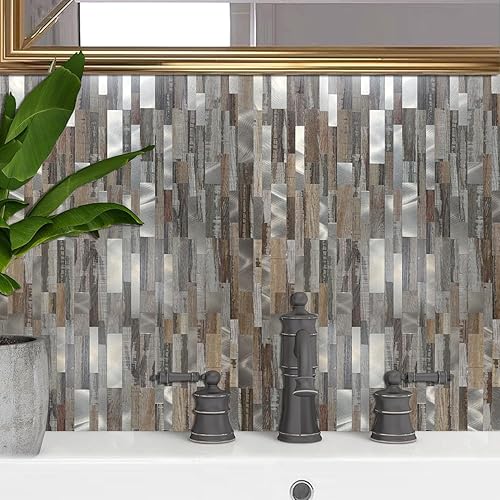 Miniatura 5 de XUANINY 10 hojas de azulejos metálicos para salpicaduras en muro, autoadhesivas, aluminio 3D, paneles de pared para cocina, baño, dormitorio, sala