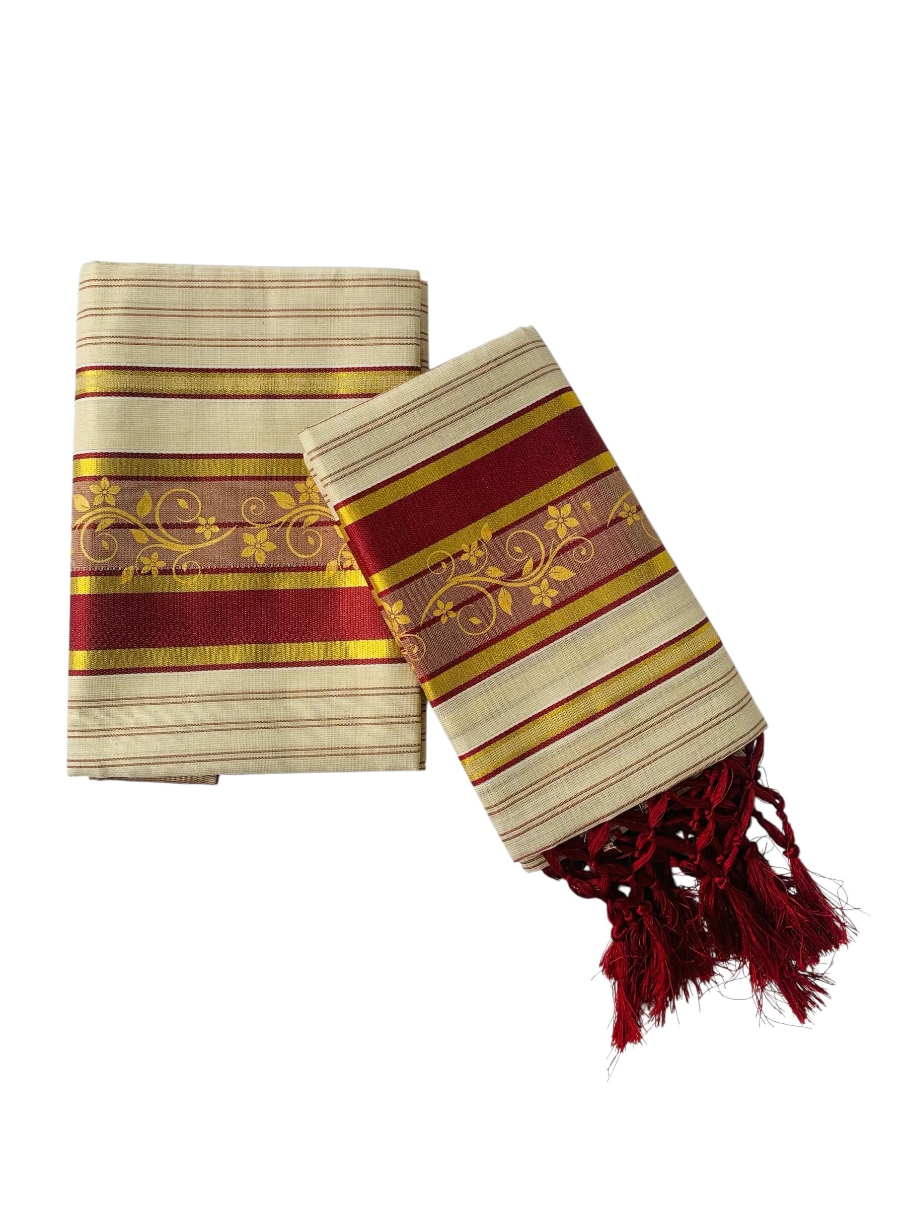 Women's Kuthampully Kerala Kasavu Set Mundu Tissue with Kunjam | Kerala Set Mundu striped - Multi colour EKM-873-image-6