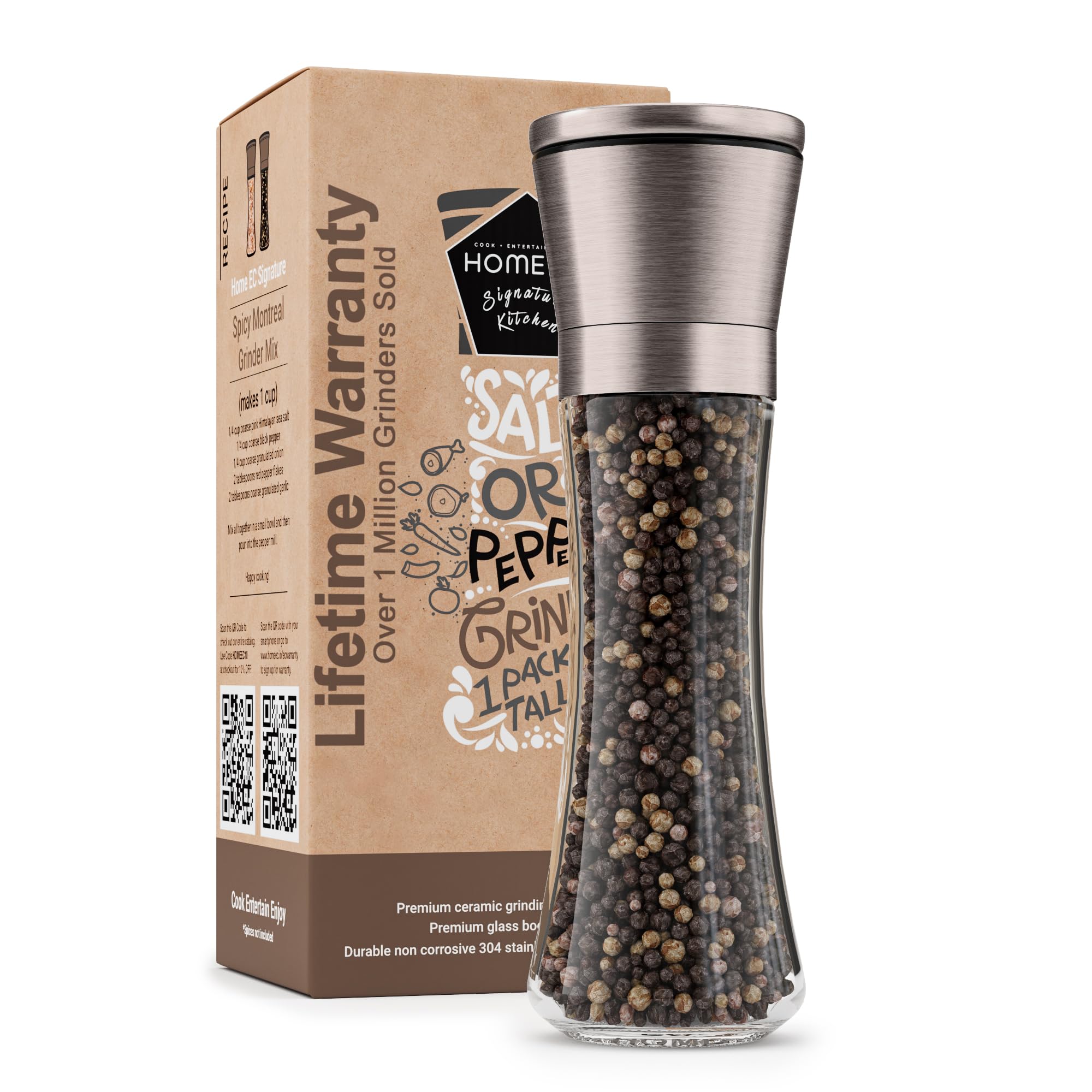 HOME EC Original Stainless Steel Salt or Pepper Grinder 1pk - Adjustable Ceramic Sea Salt Grinder or Pepper Mill - Tall Glass Spice Shaker - Spice Mill w/Ebook (Bronze)