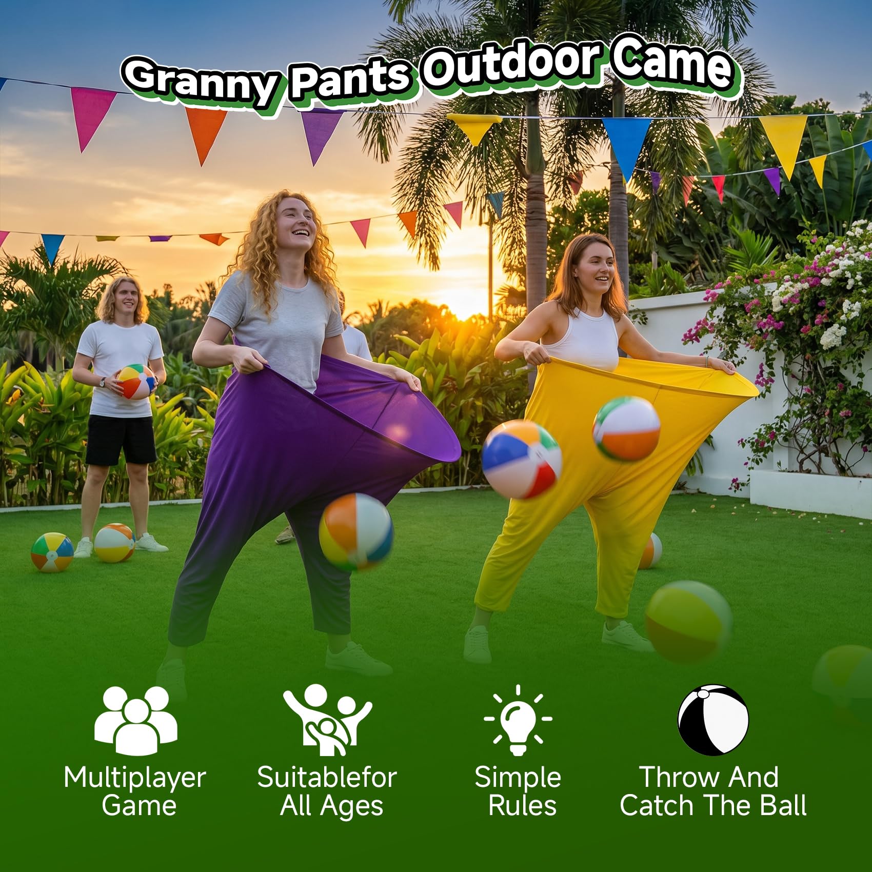 Granny Pants Partyspiel-Set für 8+ Spieler, 4-farbige Team-Hinterhof-Spiele mit 16 Hüpfbällen und 2 Pumpen – lustige Outdoor-Feldtag-Wurfspiele für Erwachsene, Kinder, Familientreffen, Grillparty