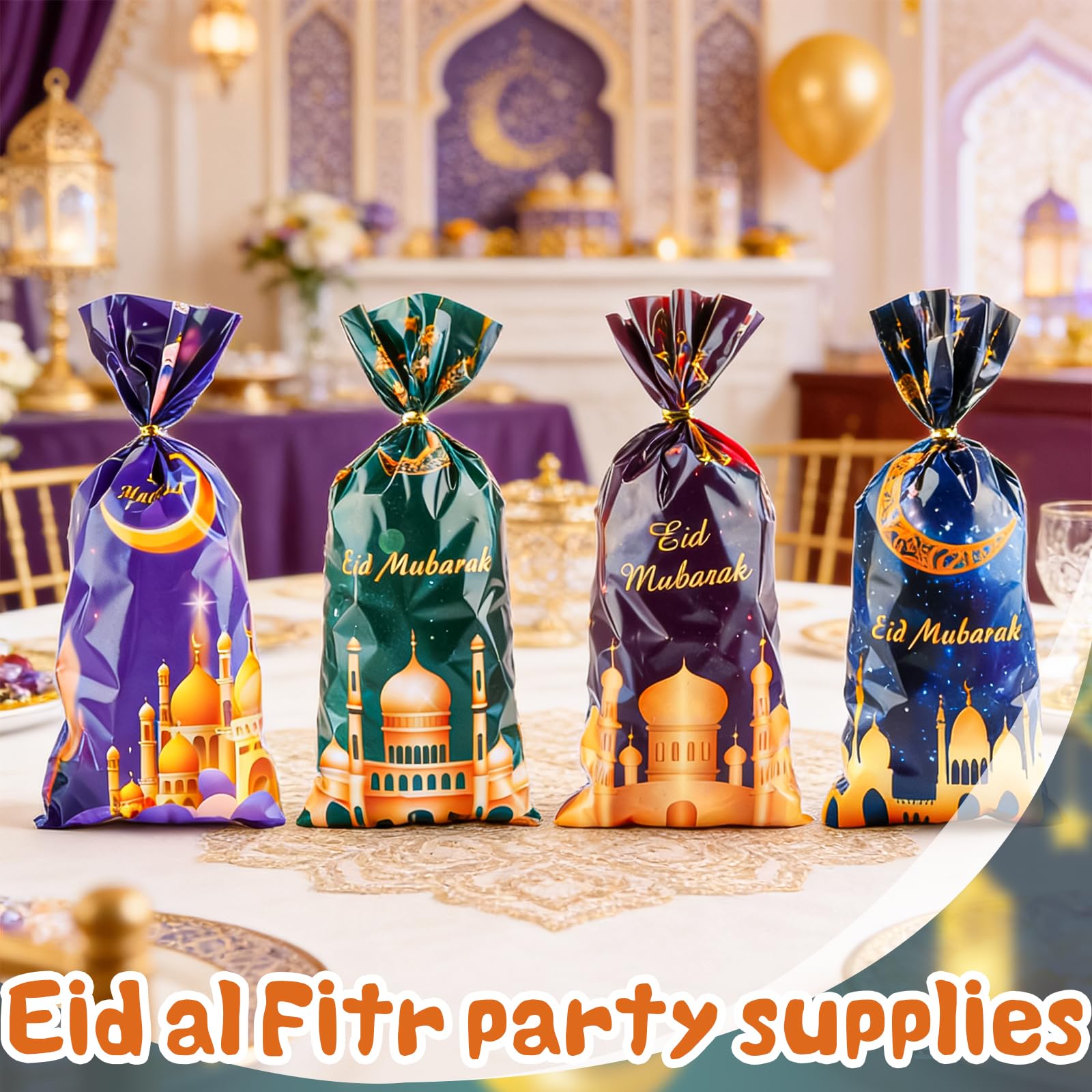 LERCTH 50 PCS Ramadan Eid Mubarak Gift Bags with Gold Twist Ties - 4.9x10.7 Inch Metallic Foil Treat Bags, Moon Star Design Party Favor Bags for Islamic Holiday Celebrations