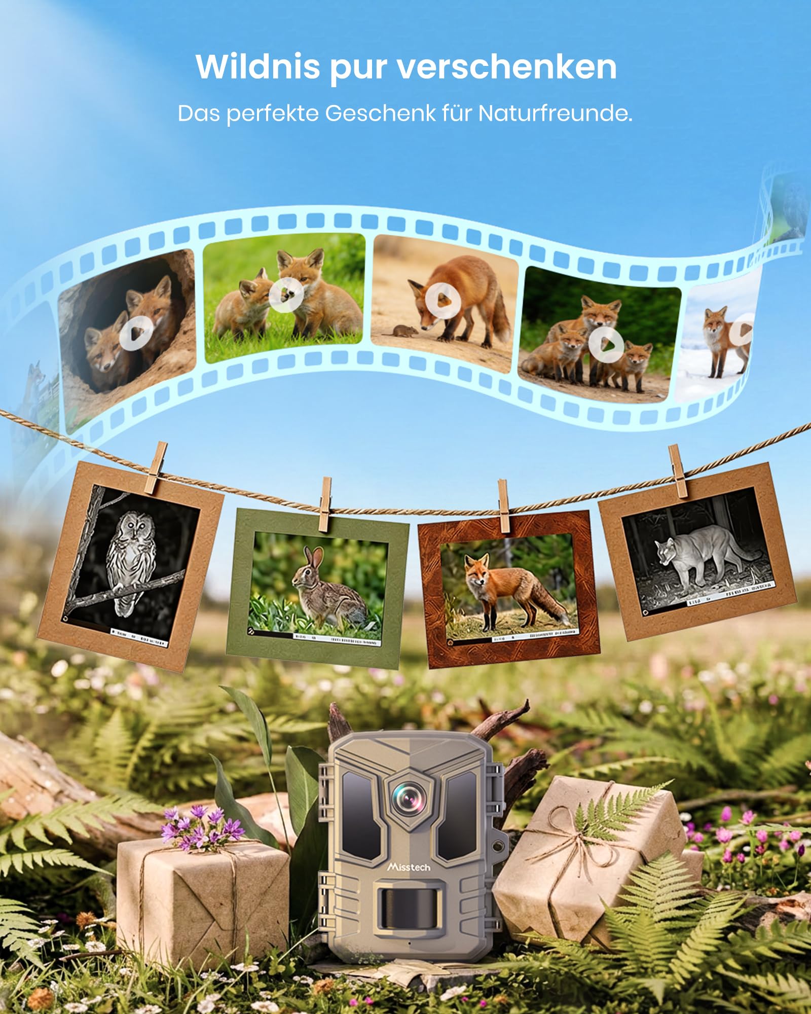 Misstech 4K 64MP UHD Solar Wildkamera mit Handyübertragung App, Klare Nachtsicht, 0,1s Bewegungsmelder, IP66