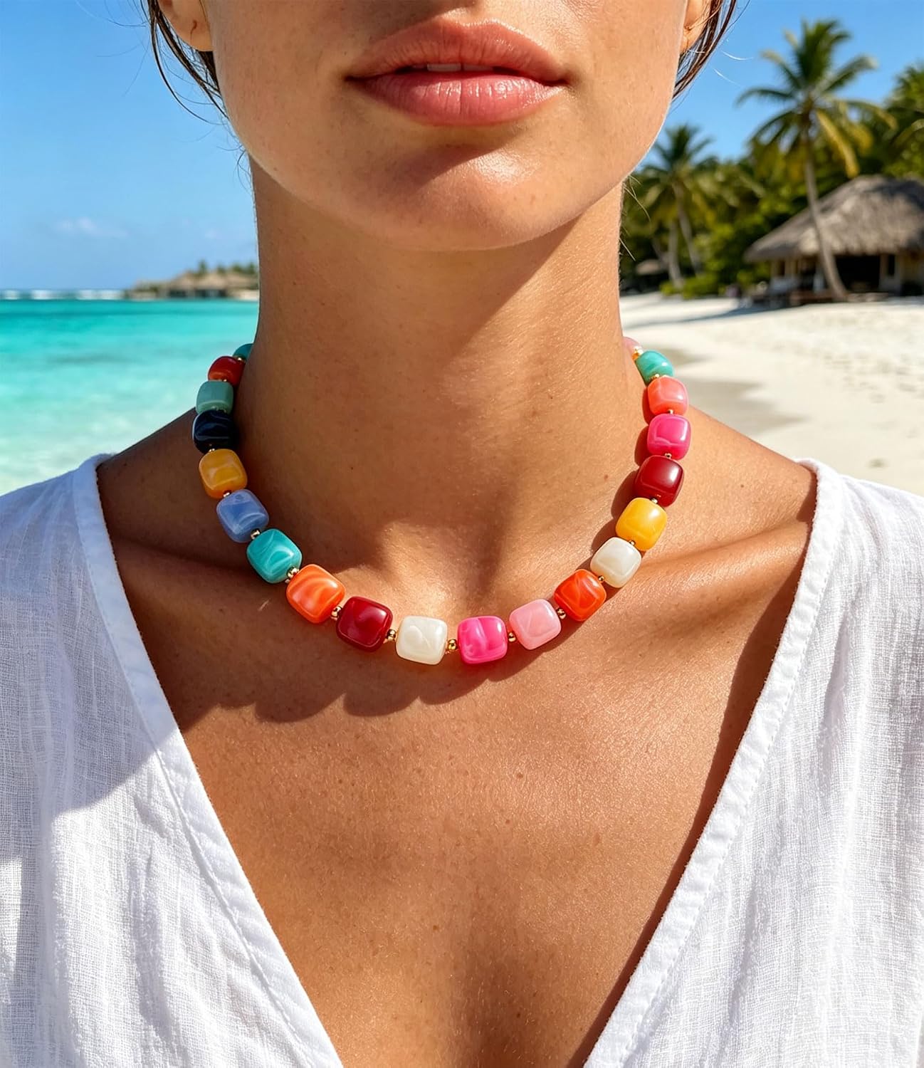 Chunky Beaded Necklace for Women Boho Statement Choker Necklace Trendy Resin Beads Summer Beach Jewelry Gifts