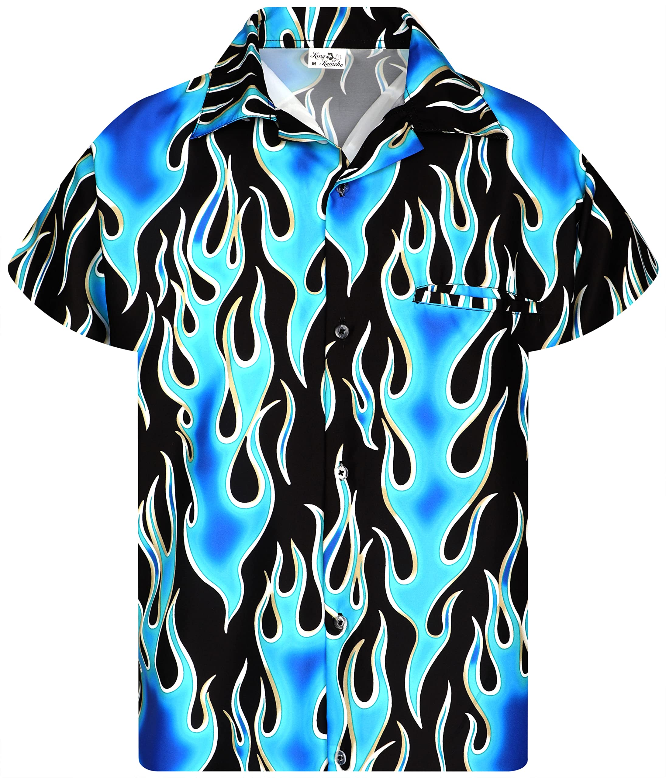 King Kameha Men's Flames-Wild-Design-Blue Funky Hawaiian Shirt, Shortsleeve, Flames Wild, Blue, 3XL