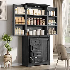 DWVO Kitchen Pantry Storage Cabinet with Barn Doors, Tall Storage Cabinet with 4 Drawers and Adjustable Shelf, Versatile Storage for Living Room, Dining Room or Hallway, Gray Oak