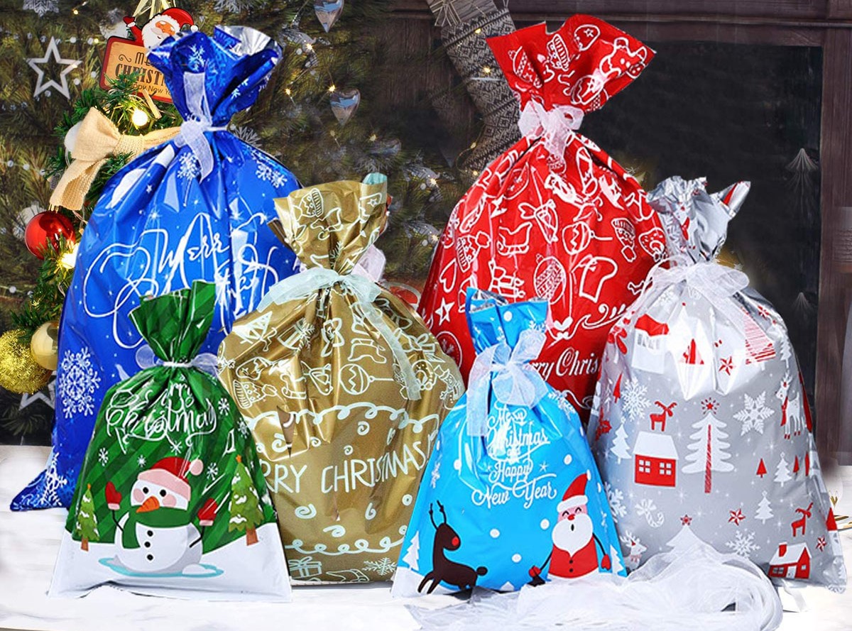 Shineloha – 45 Sacchetti Regalo Di Natale Con Coulisse, 6 Misure Assortite (XL, L, M, S, XS) Con Etichette Incluse, In Alluminio Riutilizzabile