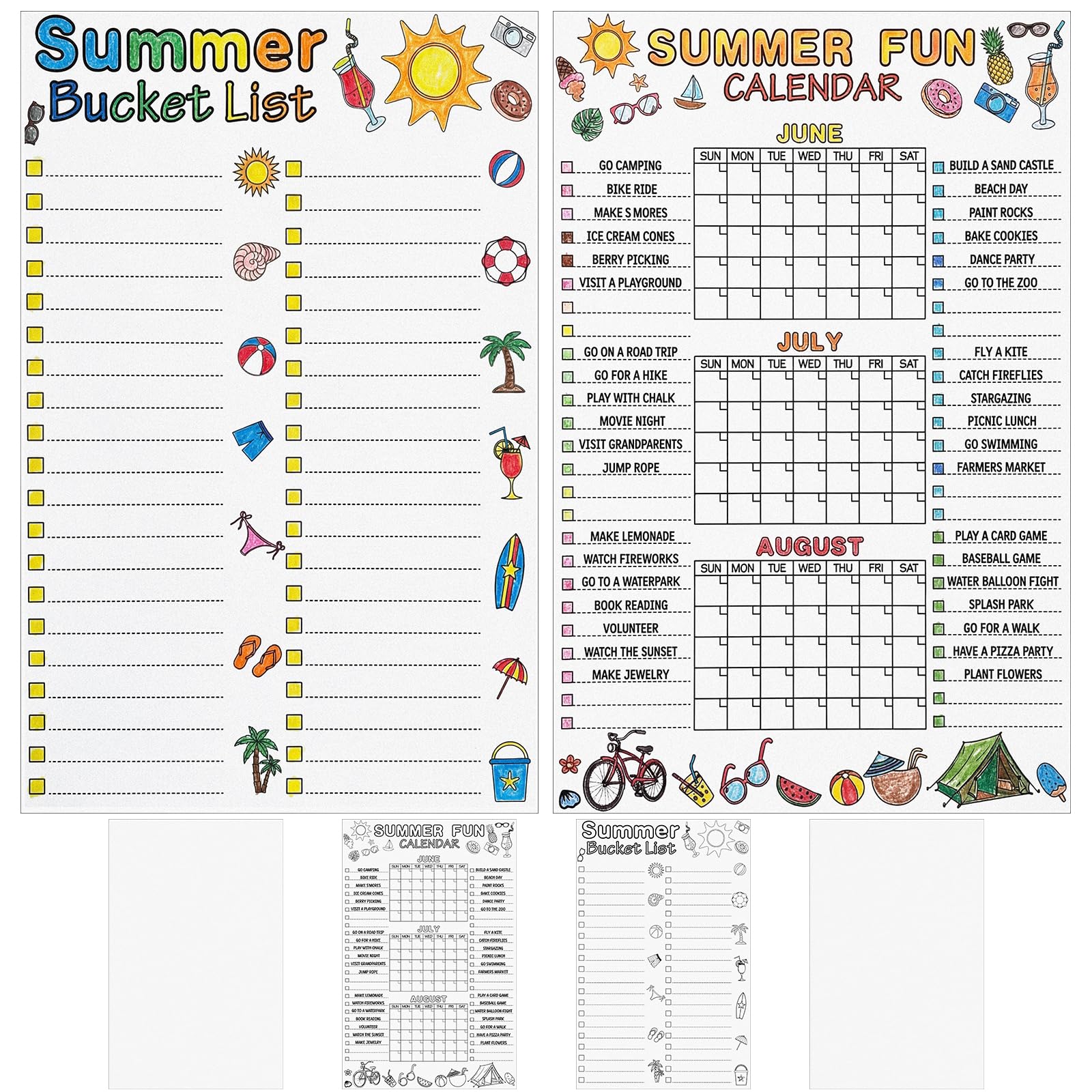 Photo 1 of ** PARTIAL SET/ MISSING PIECES*** Eaasty 4 Pcs Summer Bucket List Calendar Poster Set with Blank Coloring Poster Summer Camp Activities Planner Color Your Own DIY Vacation Calendar Checklist for Elementary End of School Year Birthday