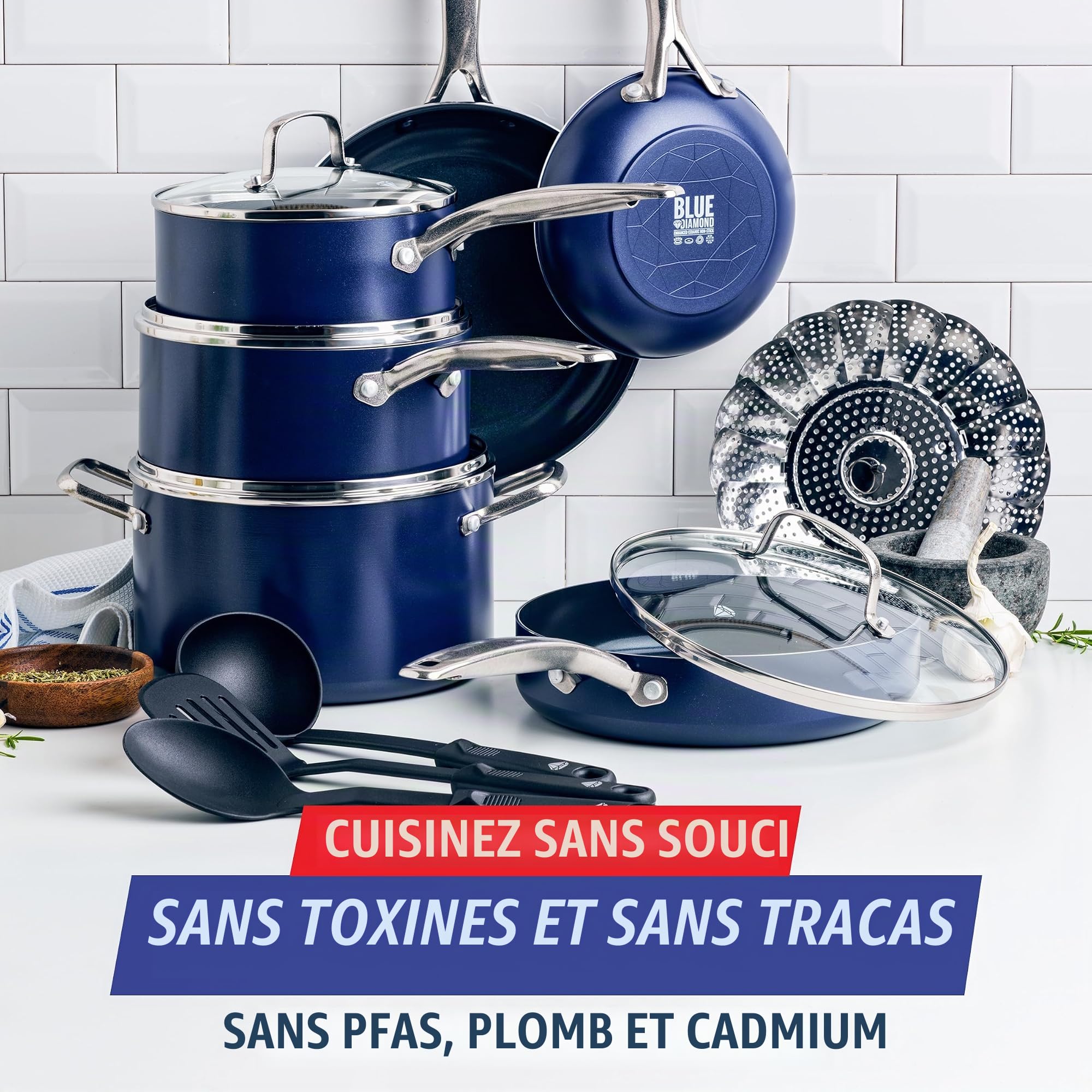 Blue Diamond Batterie de Cuisine Antiadhésive, 14 Pièces, Bleu