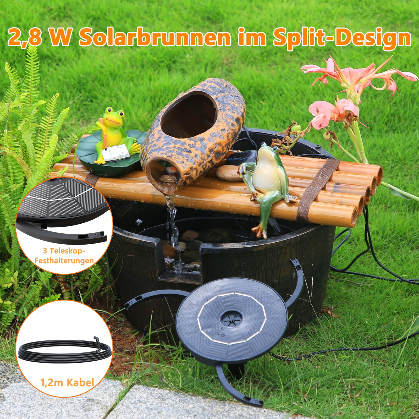 AISITIN Solarbrunnen für Draussen Split-Design mit Batterie, Solar Fontäne Pumpe mit Verschiedene Sprüh Effekten, Solar Teichpumpe, Solar Springbrunnen für Außen für Garten,Teich, DIY Wasserspiel-2,8W